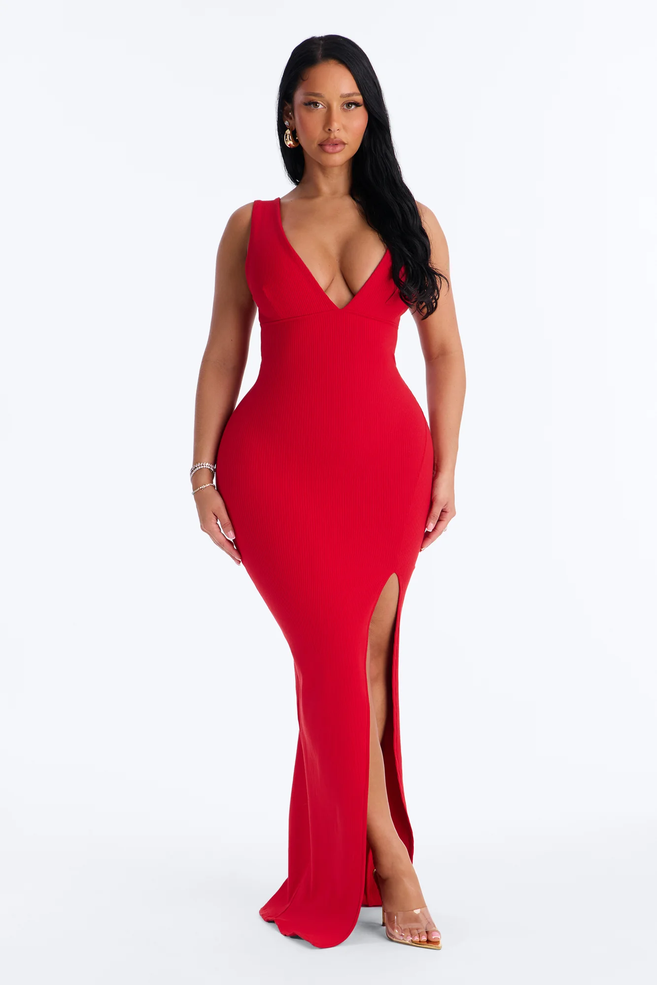Victoria Snatched High Slit Maxi Dress - Red