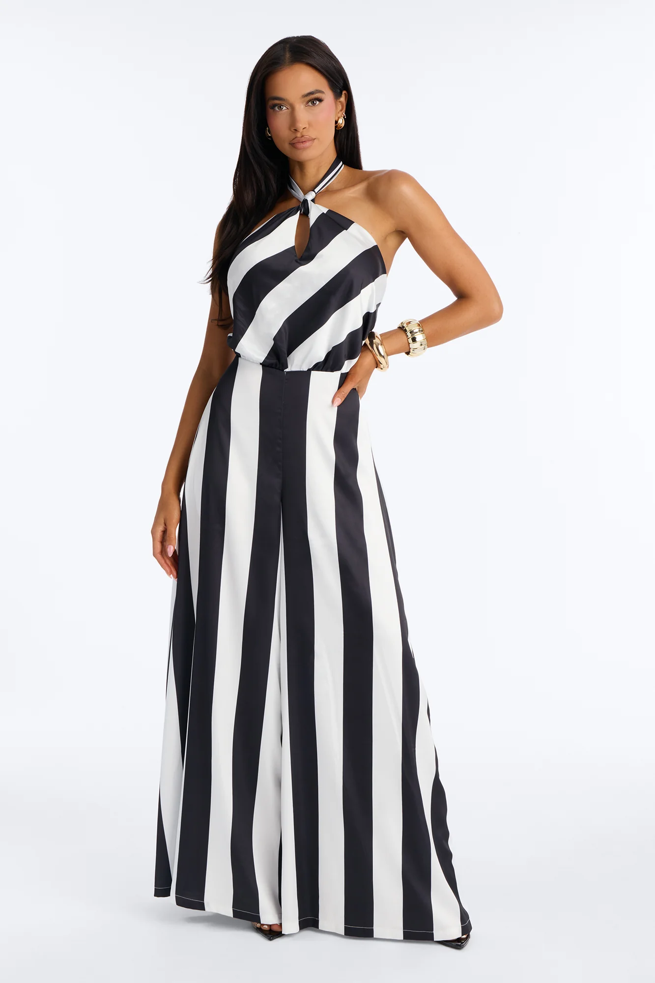 Vienna Striped Halter Wide Leg Jumpsuit - Black/White