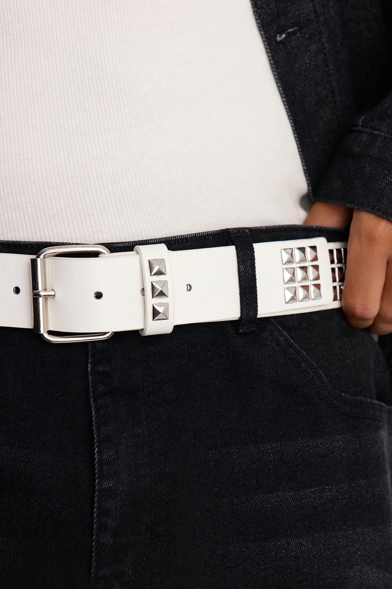 Viktor Studded Faux Leather Belt - White