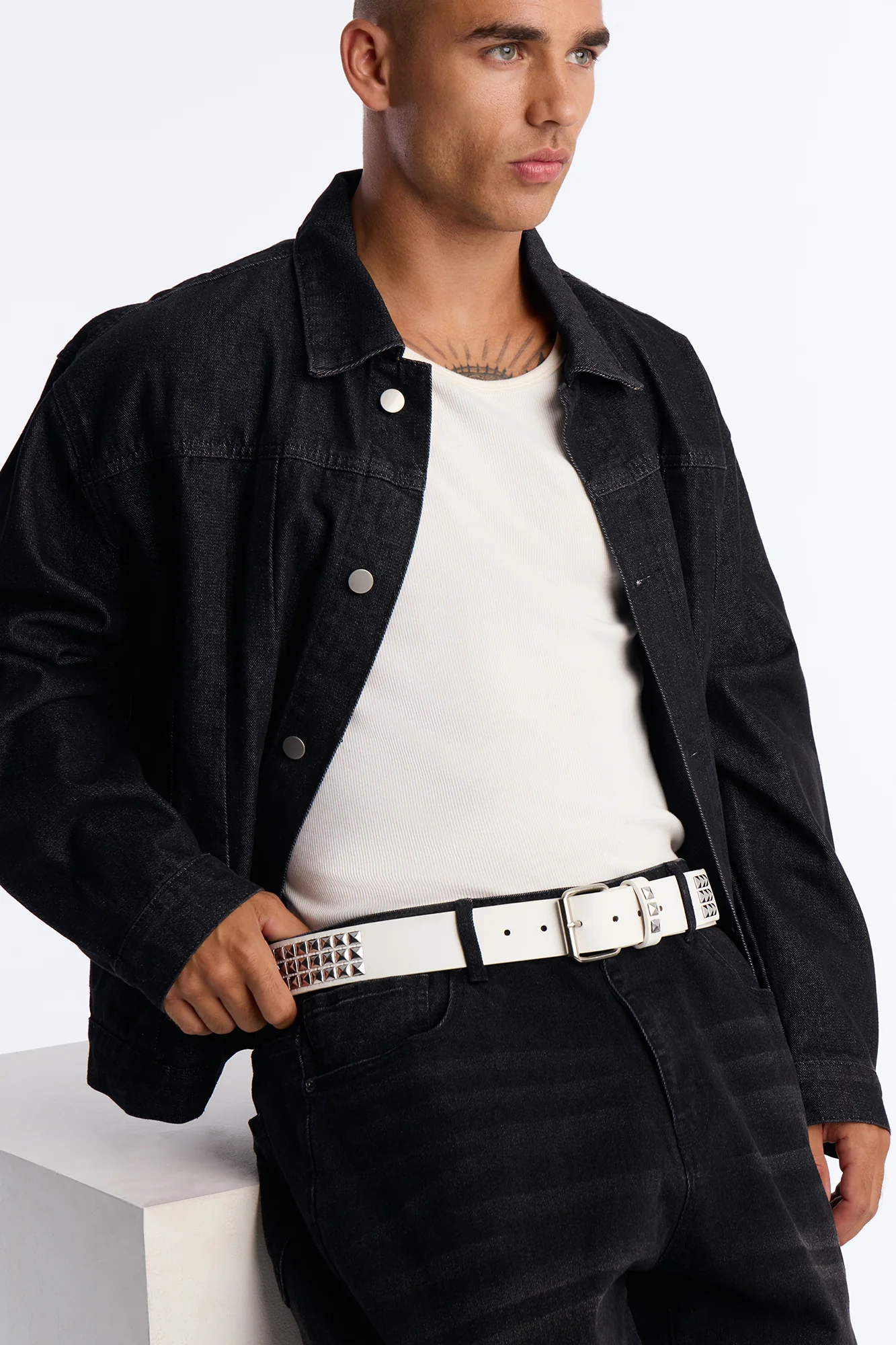Viktor Studded Faux Leather Belt - White - Image 2