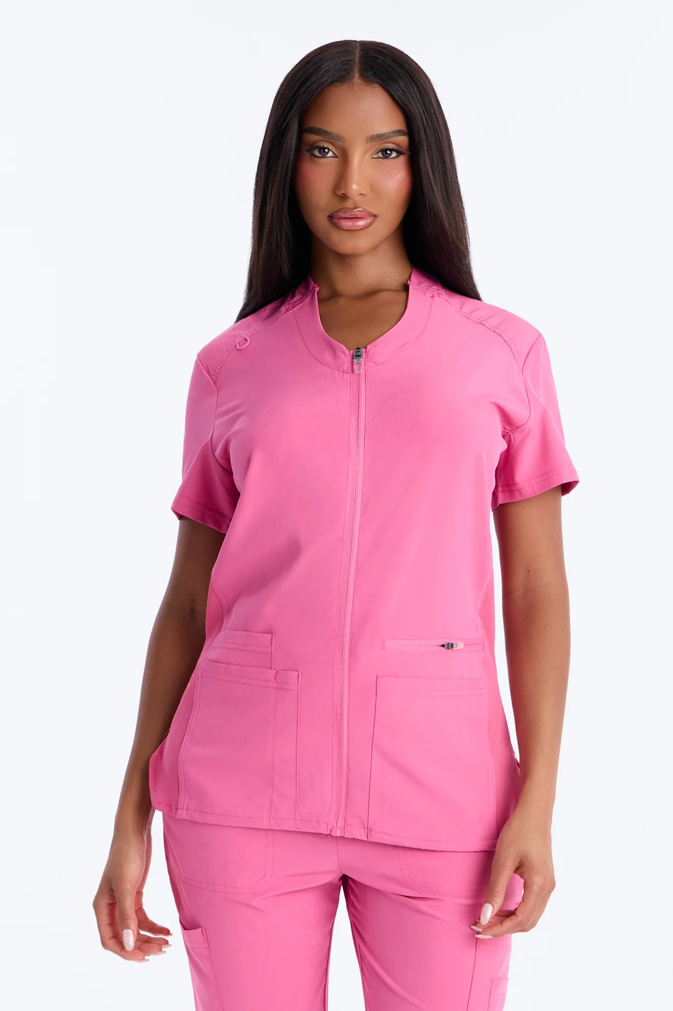 Vital 4 Way Stretch Front Zip Jogger Scrub Set - Hot Pink - Image 2