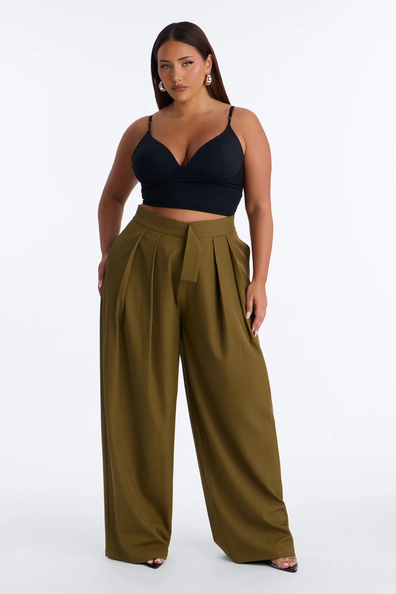 Vivienne Pleated Pull Tab Wide Leg Trouser - Olive - Image 4
