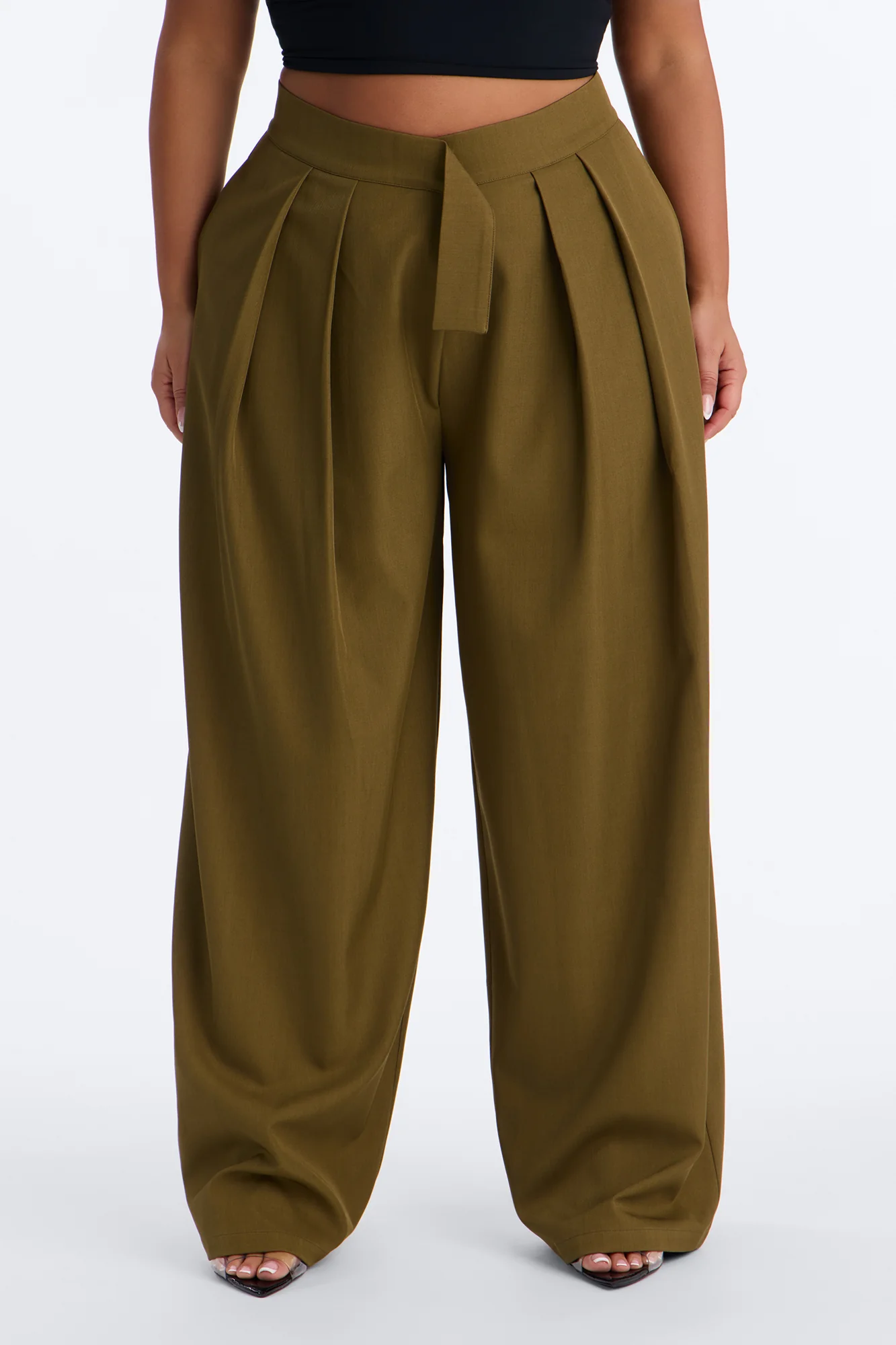 Vivienne Pleated Pull Tab Wide Leg Trouser - Olive - Image 5