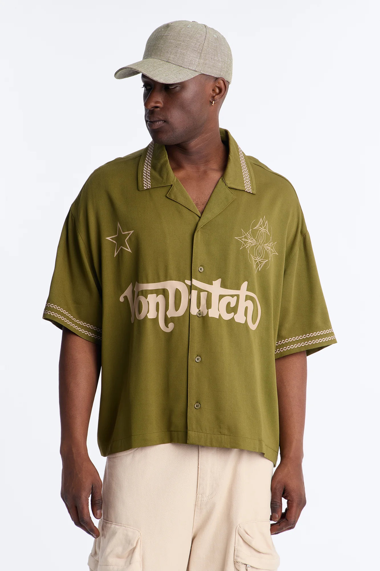 Von Dutch Embroidery Patch Cropped Short Sleeve Button Up Shirt - Green