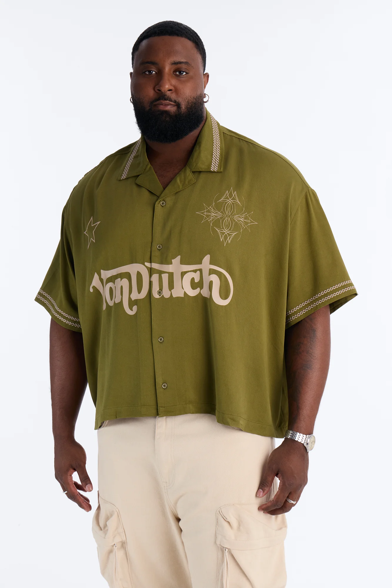 Von Dutch Embroidery Patch Cropped Short Sleeve Button Up Shirt - Green - Image 5