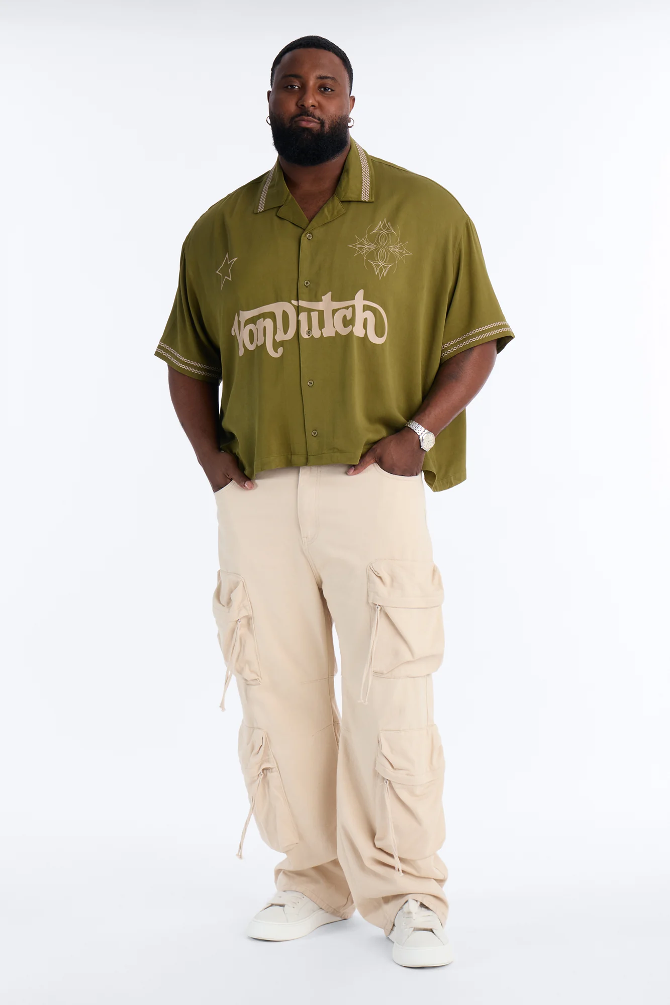 Von Dutch Embroidery Patch Cropped Short Sleeve Button Up Shirt - Green - Image 6