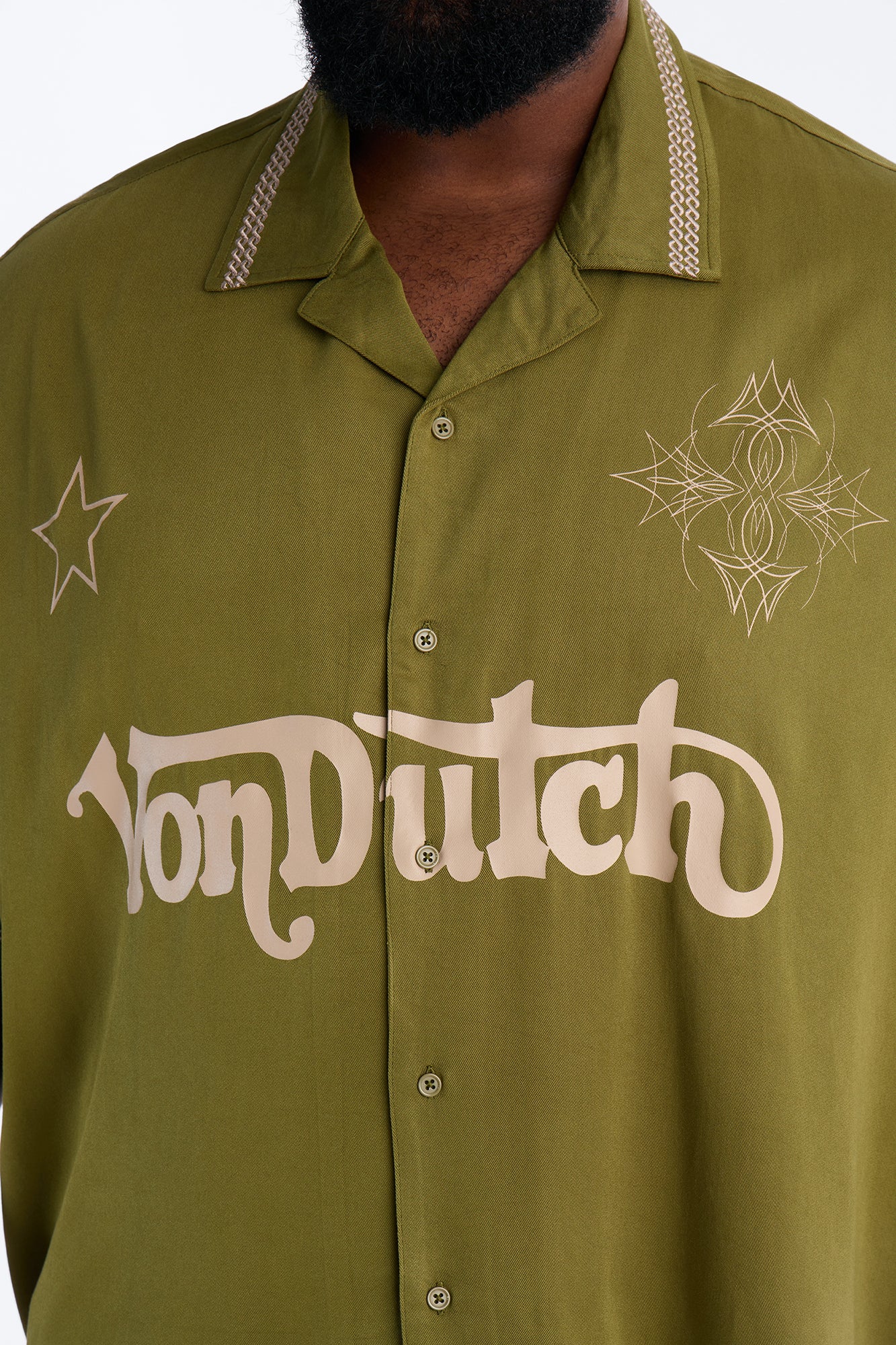 Von Dutch Embroidery Patch Cropped Short Sleeve Button Up Shirt - Green - Image 7