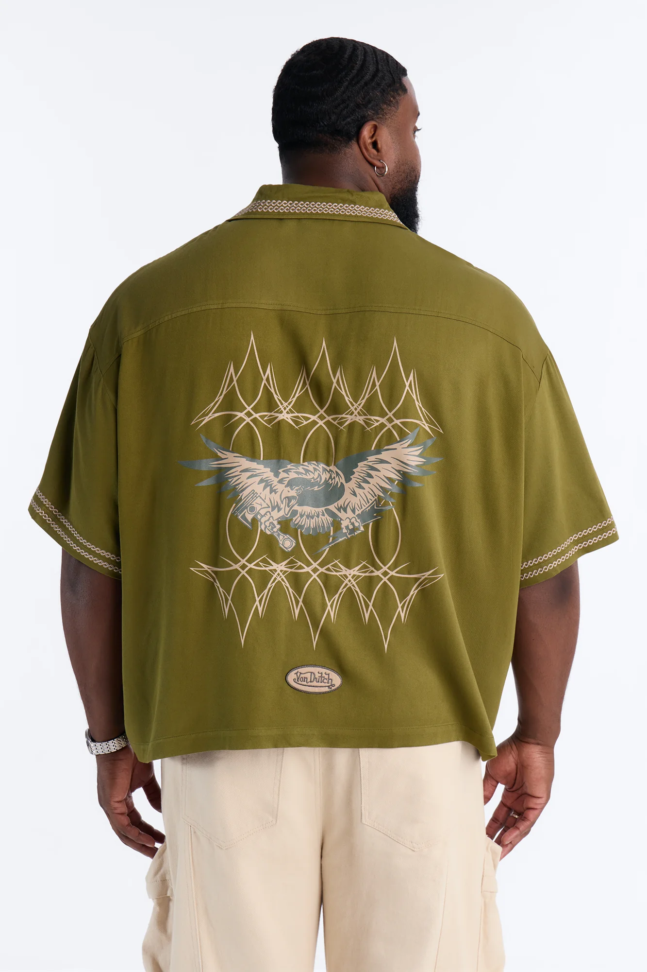 Von Dutch Embroidery Patch Cropped Short Sleeve Button Up Shirt - Green - Image 8