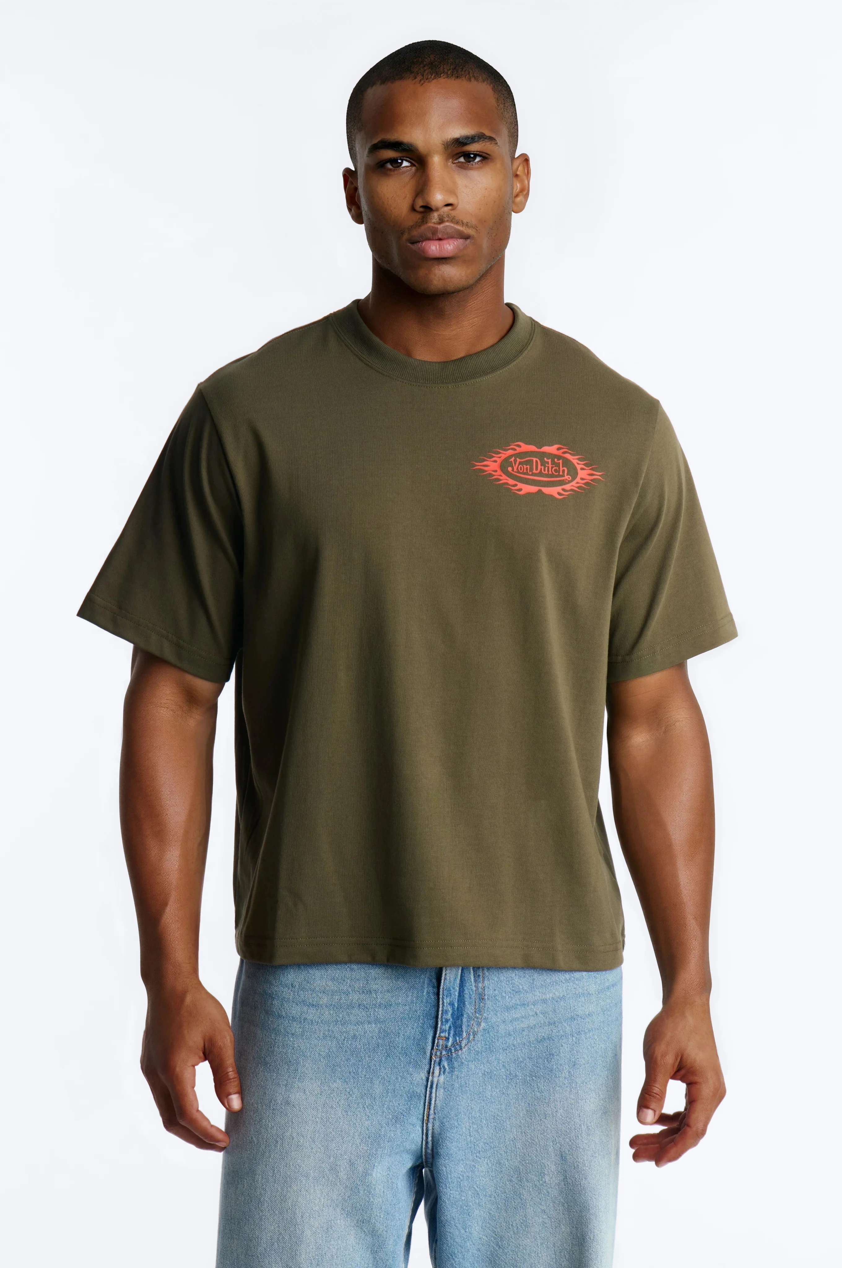 Von Dutch Fire Logo Boxy Heavyweight Short Sleeve Tee - Olive
