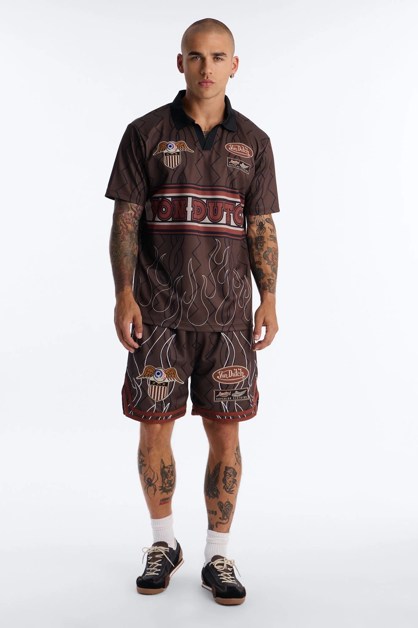 Von Dutch Flame Embroidery Patch Johnny Collar Soccer Jersey - Chocolate - Image 2