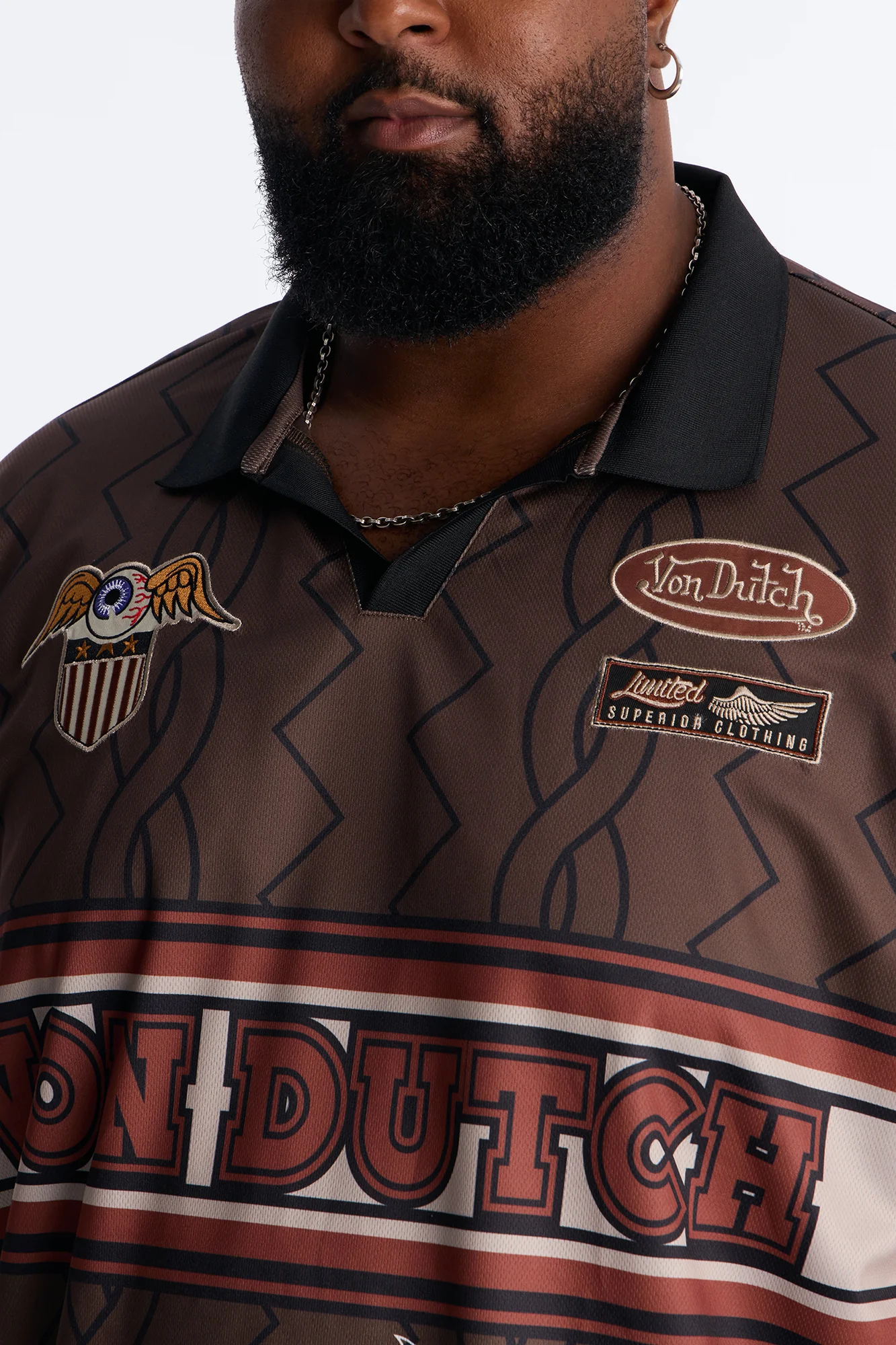 Von Dutch Flame Embroidery Patch Johnny Collar Soccer Jersey - Chocolate - Image 7