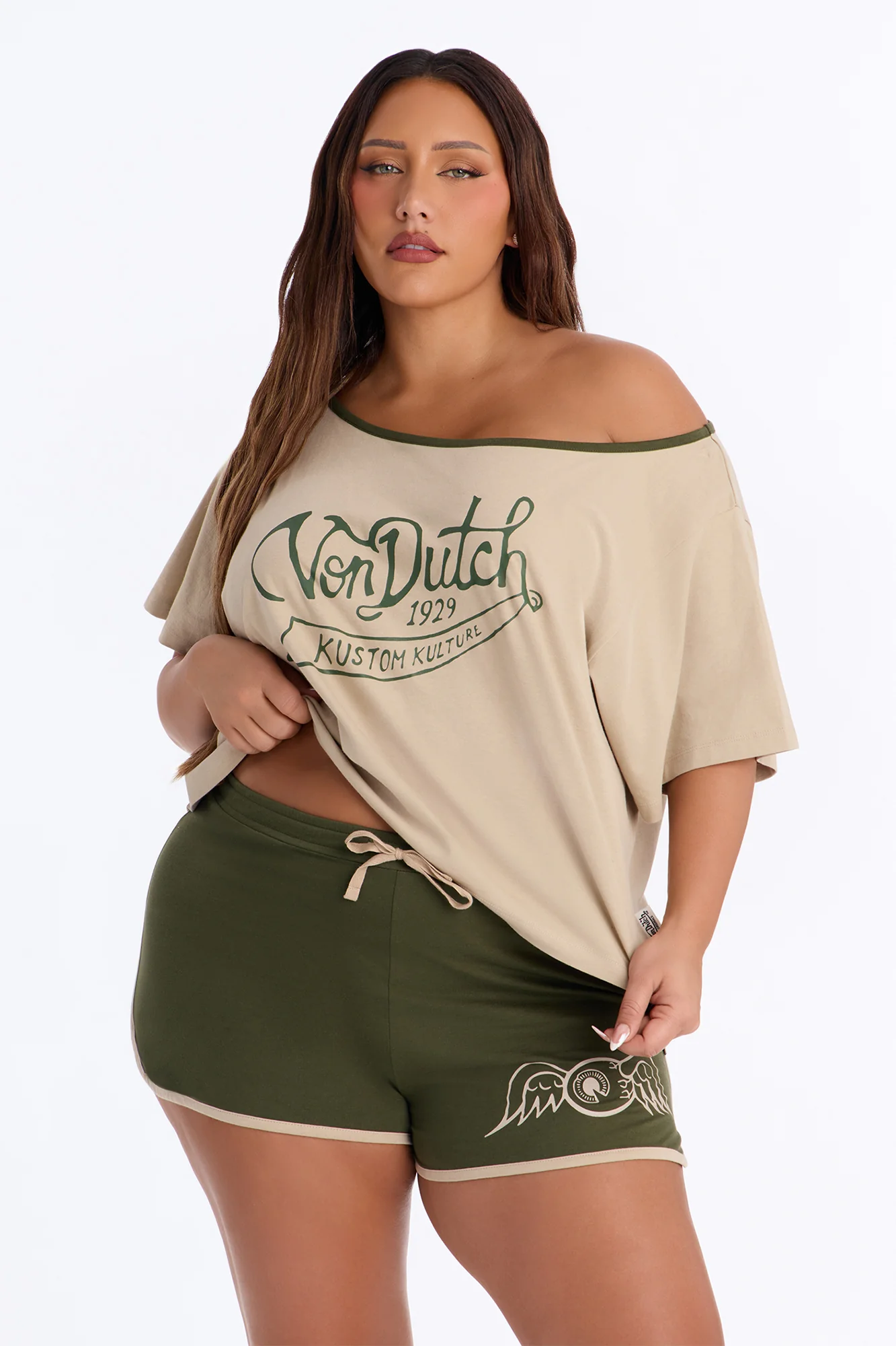 Von Dutch Flying Eye Contrast Off Shoulder PJ Short Set - Olive - Image 4