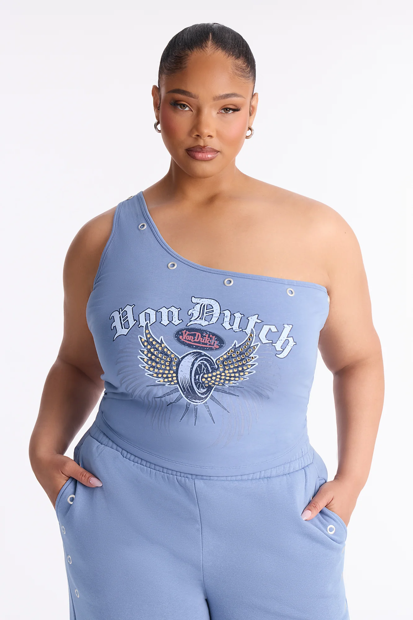 Von Dutch One Shoulder Studded Tank Top - Light Blue - Image 5