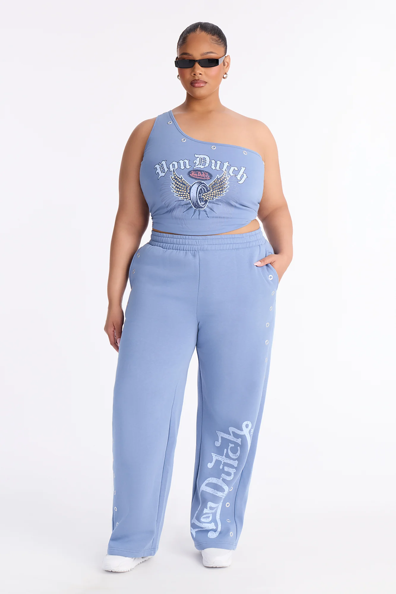 Von Dutch One Shoulder Studded Tank Top - Light Blue - Image 6