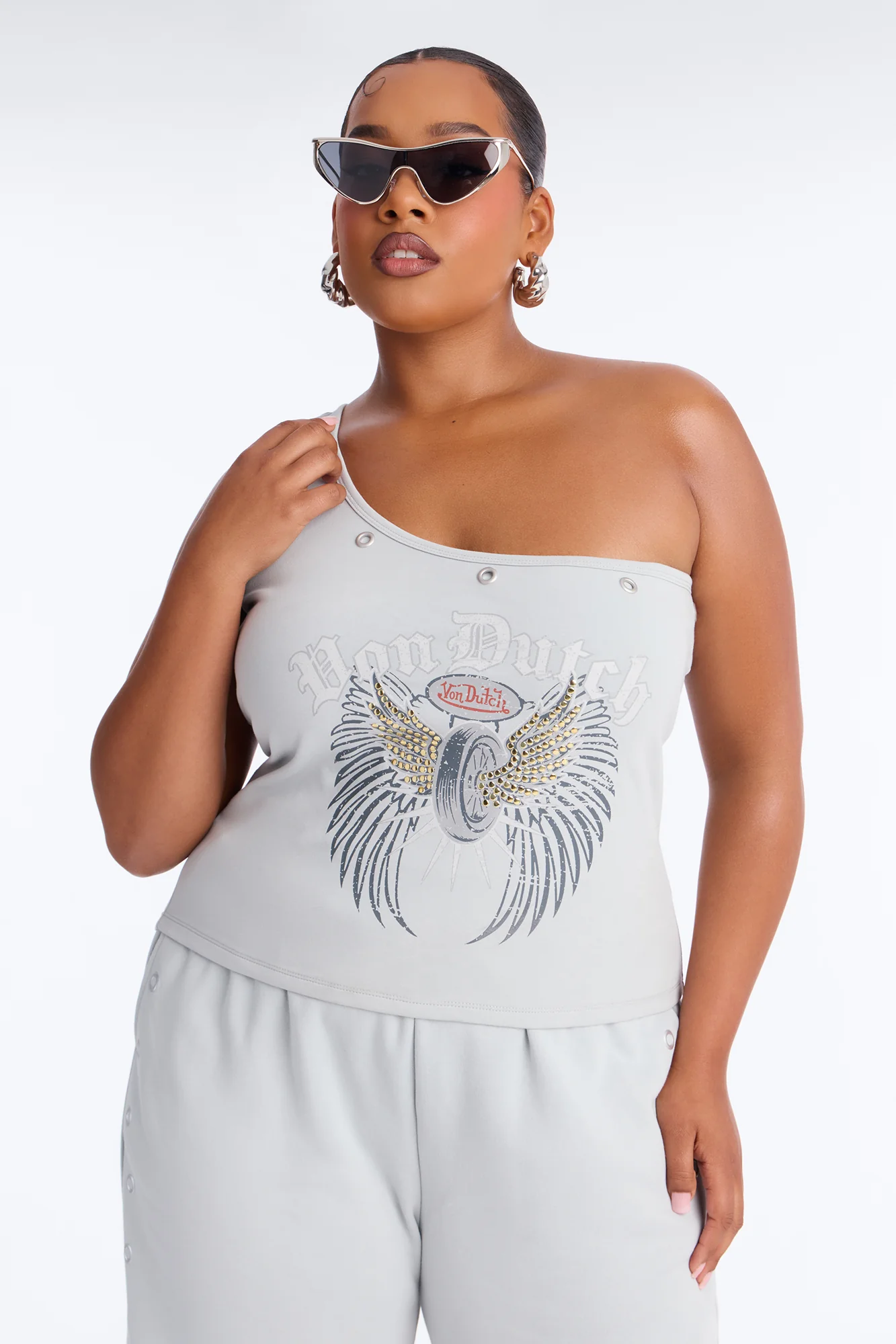 Von Dutch Rocker One Shoulder Studded Tank - Grey - Image 5