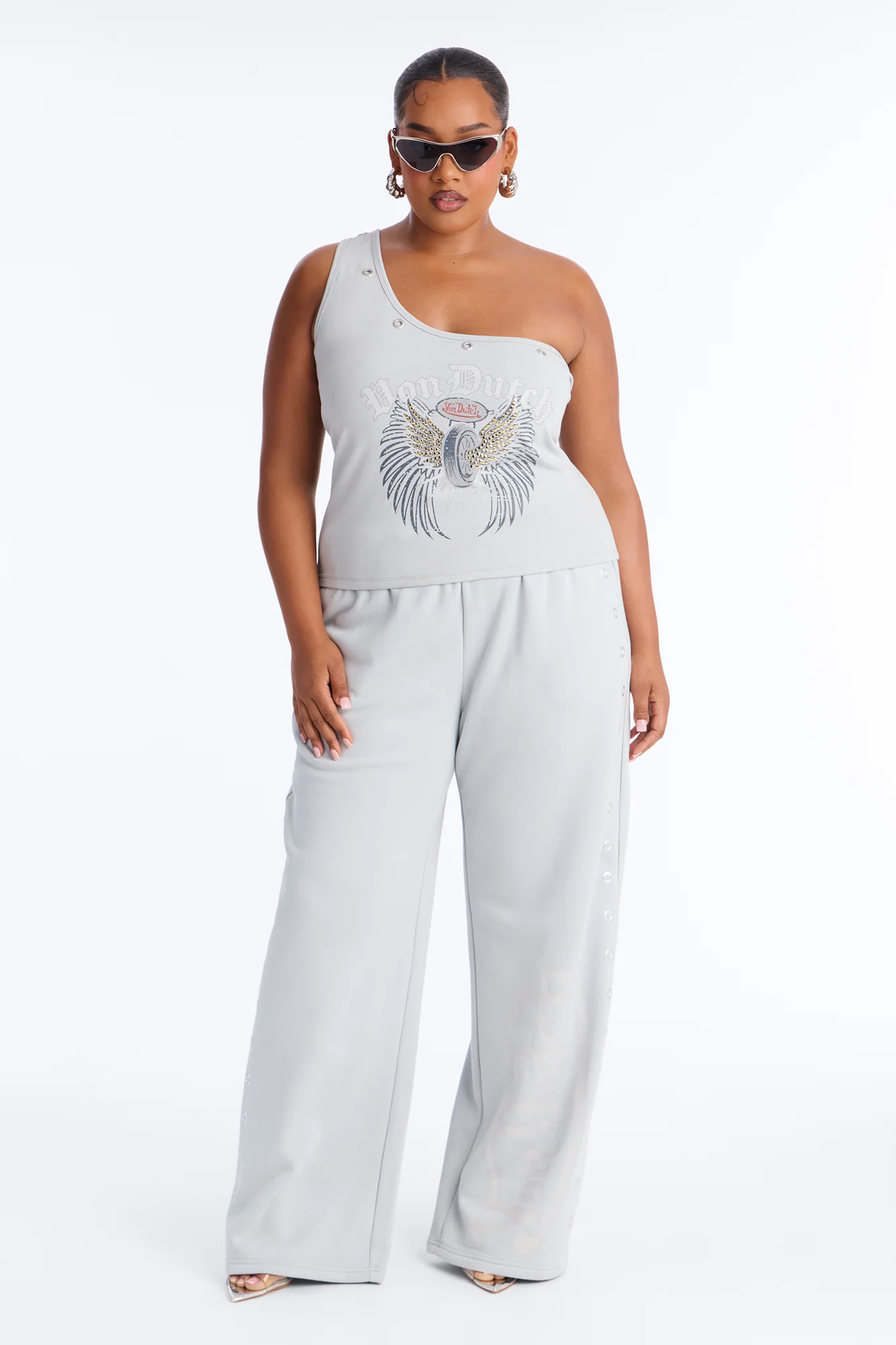 Von Dutch Rocker One Shoulder Studded Tank - Grey - Image 6
