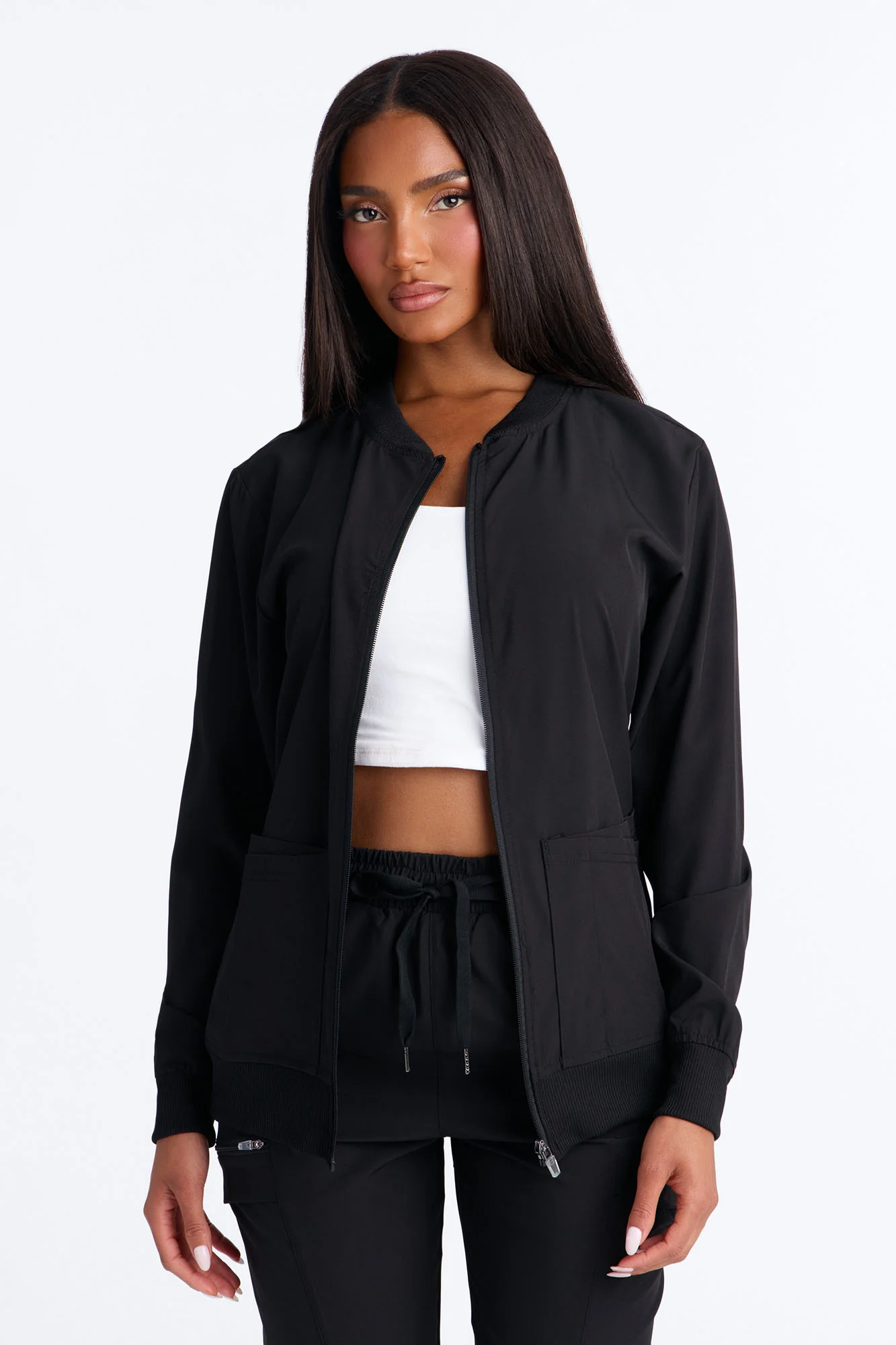 Warm Me Up 4 Way Stretch Zip Up Bomber Scrub Jacket - Black