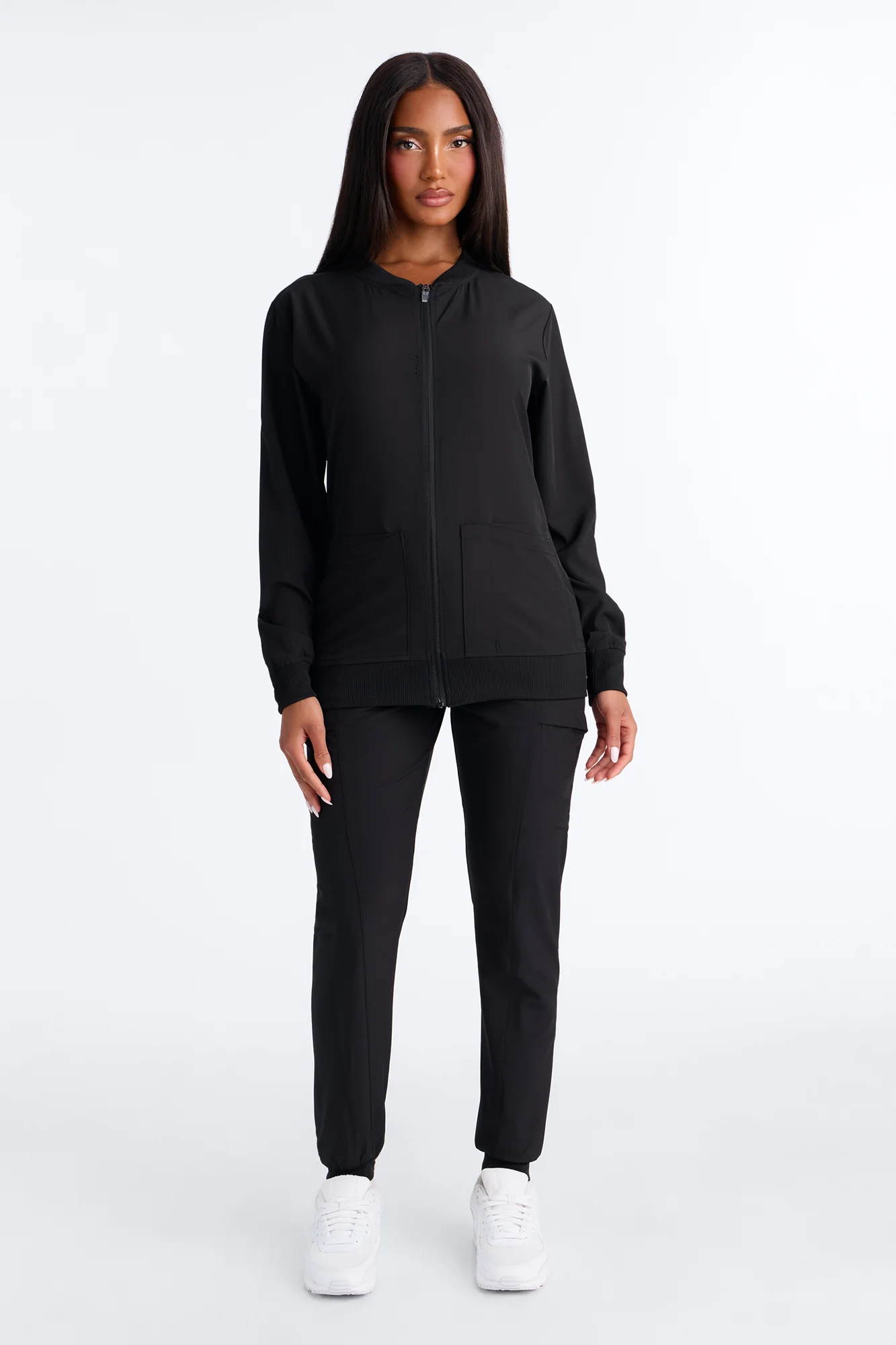 Warm Me Up 4 Way Stretch Zip Up Bomber Scrub Jacket - Black - Image 2