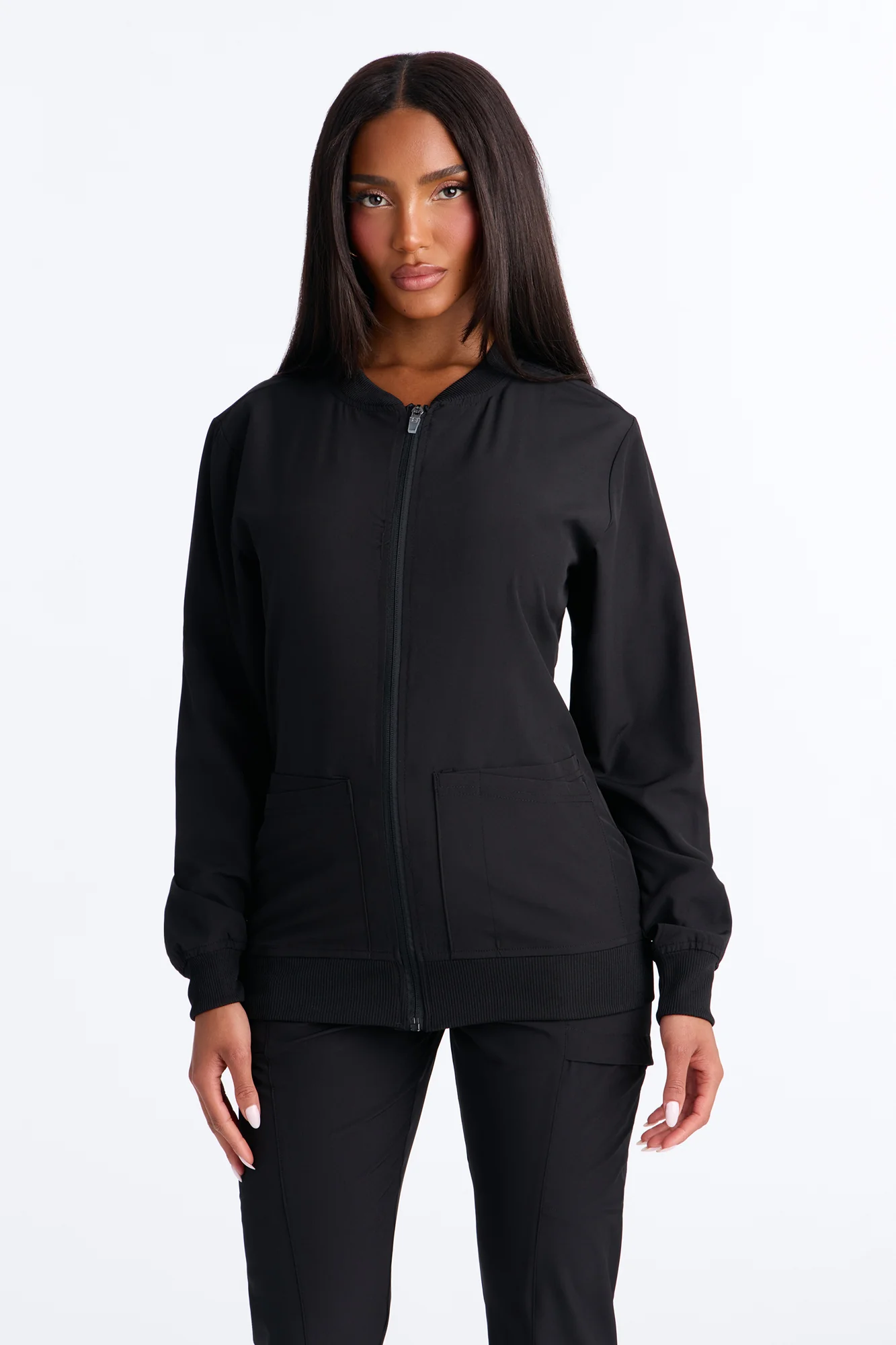 Warm Me Up 4 Way Stretch Zip Up Bomber Scrub Jacket - Black - Image 3
