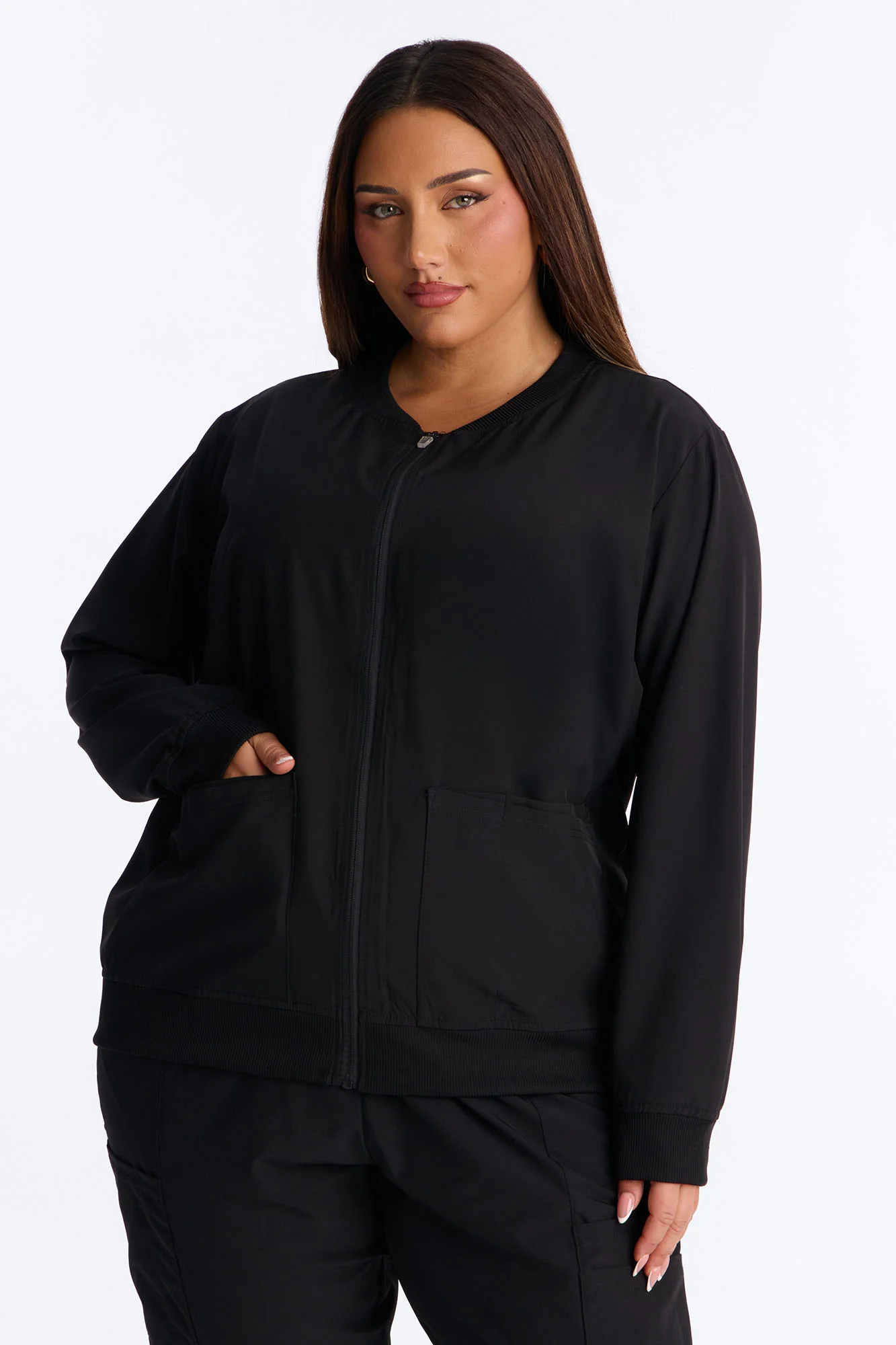 Warm Me Up 4 Way Stretch Zip Up Bomber Scrub Jacket - Black - Image 6