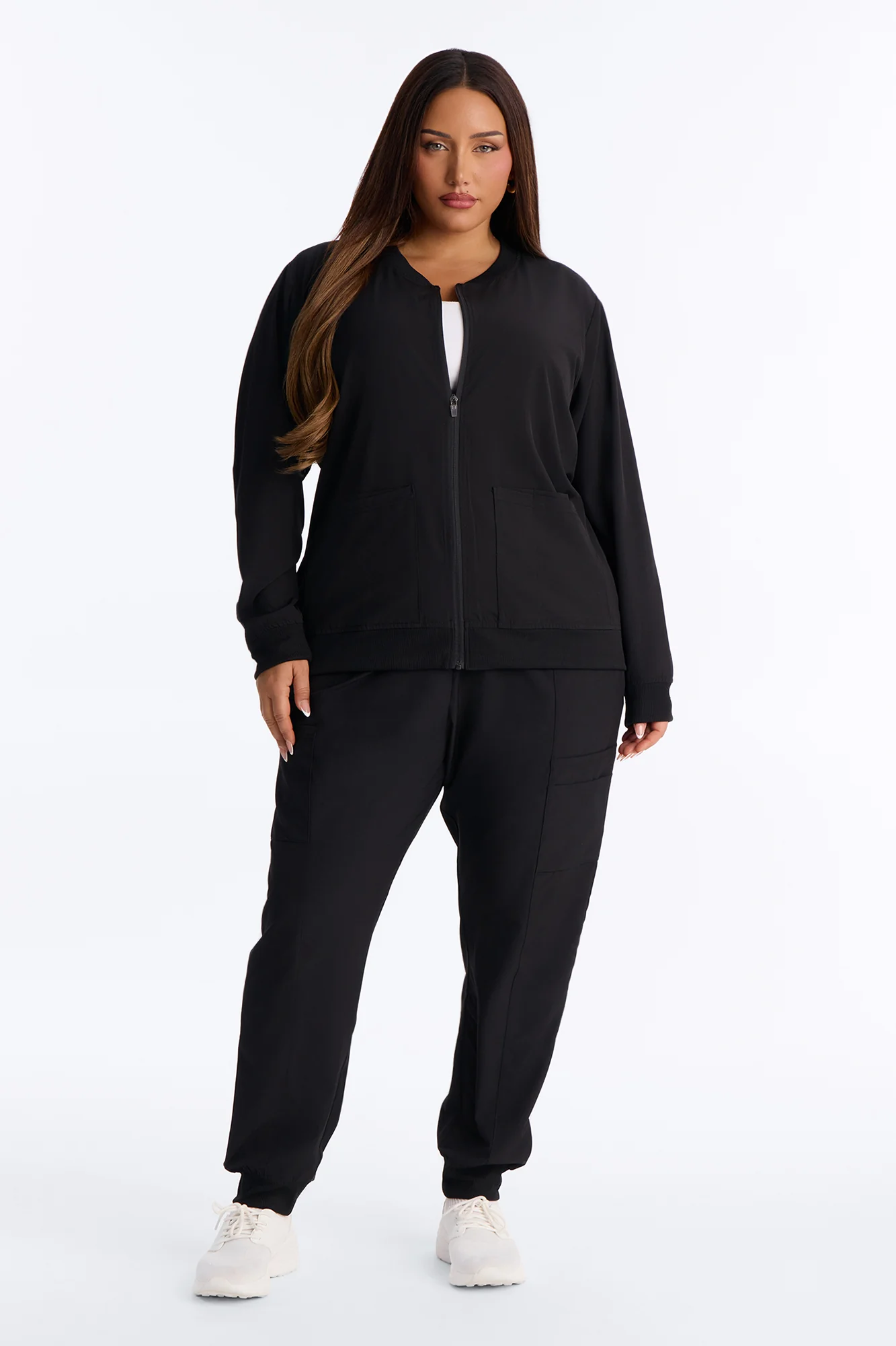 Warm Me Up 4 Way Stretch Zip Up Bomber Scrub Jacket - Black - Image 7
