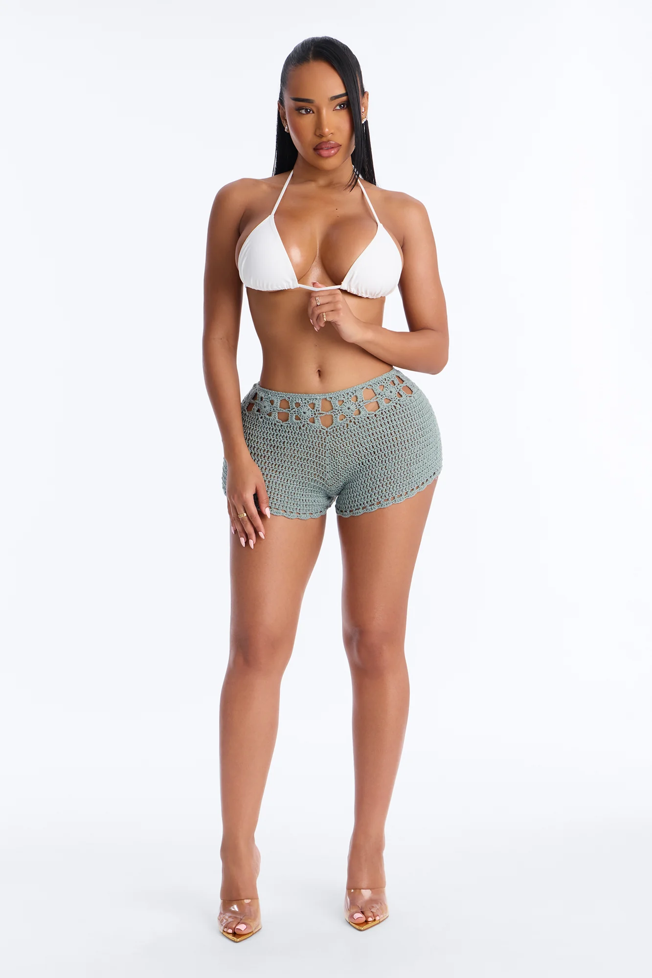Warm Sunrise Crochet Mini Swim Cover Up Short - Green - Image 2