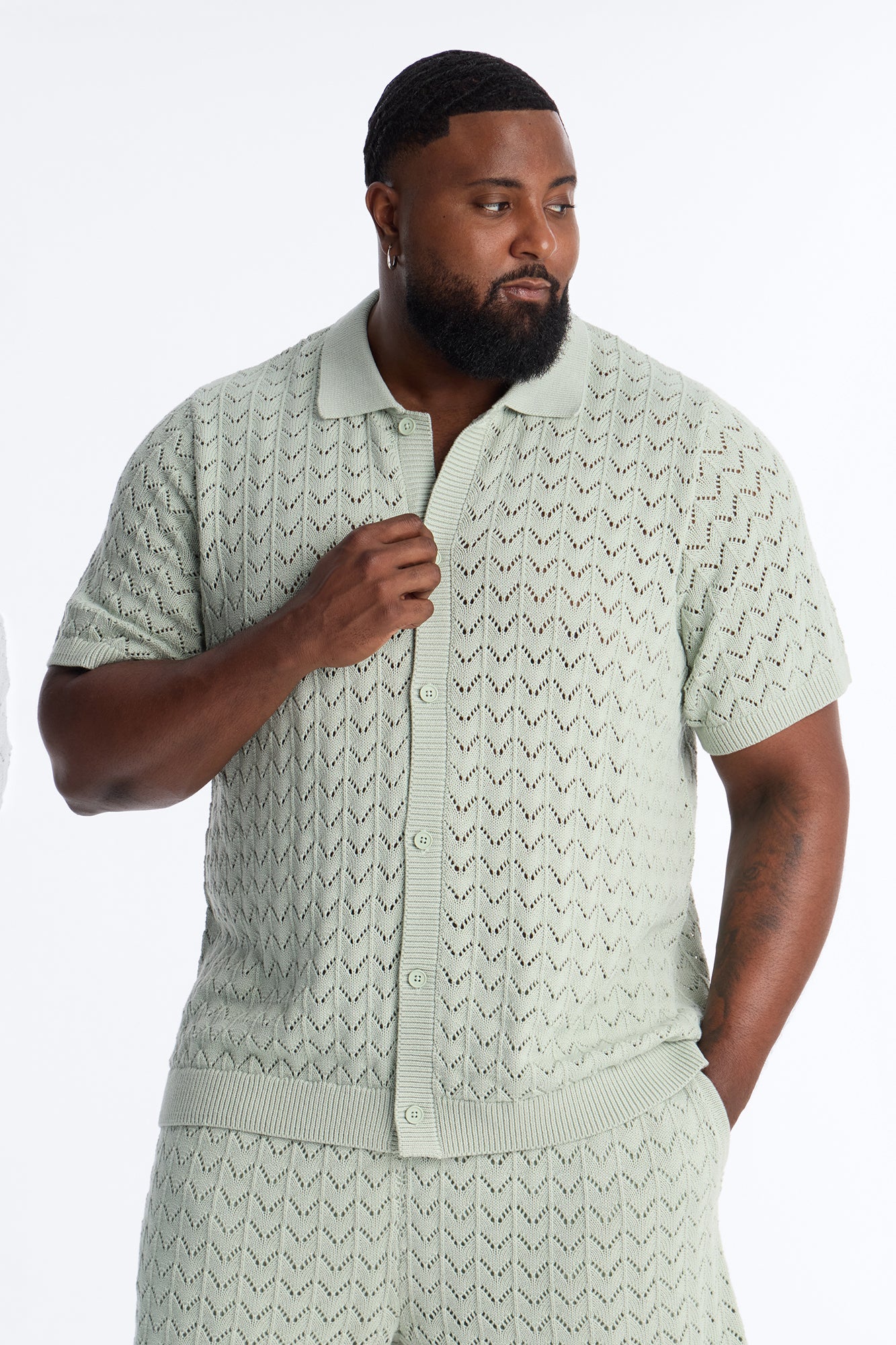 Waterfall Texture Open Knit Shirt - Sage - Image 6