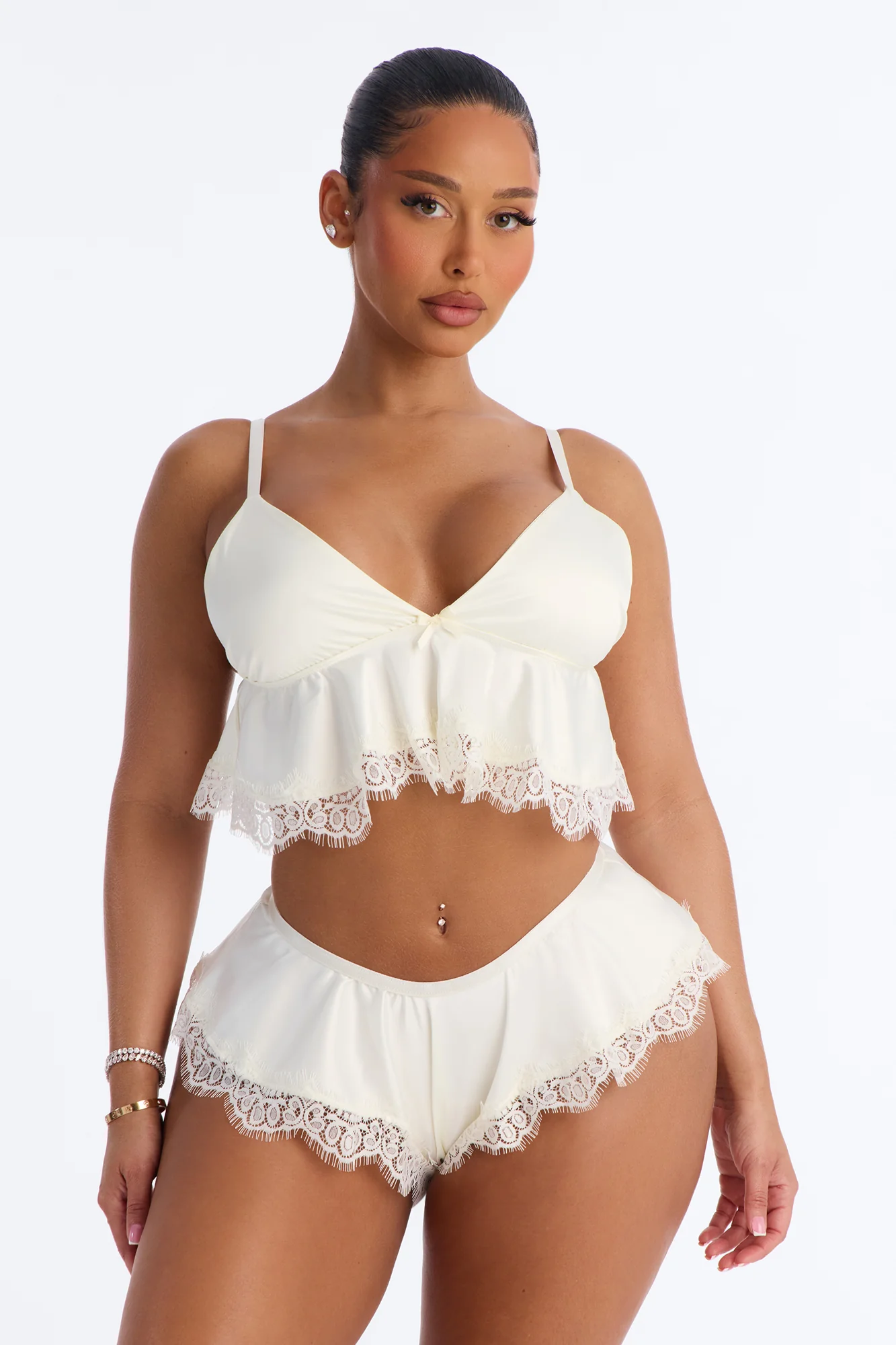 Ways To Get Me Satin Lace Trim Flowy 2 Piece Set - Pearl