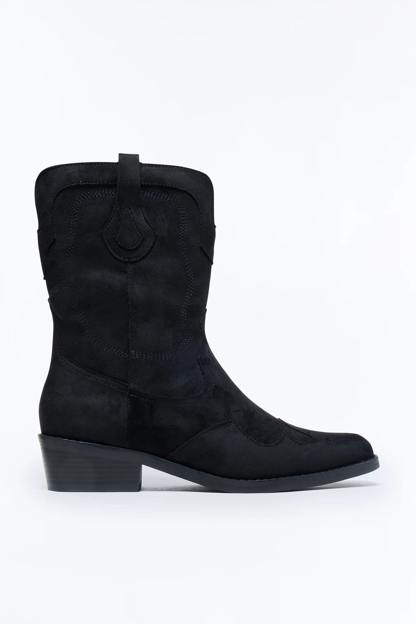 Western Faux Suede Pull On Cowboy Boots - Black - Image 2