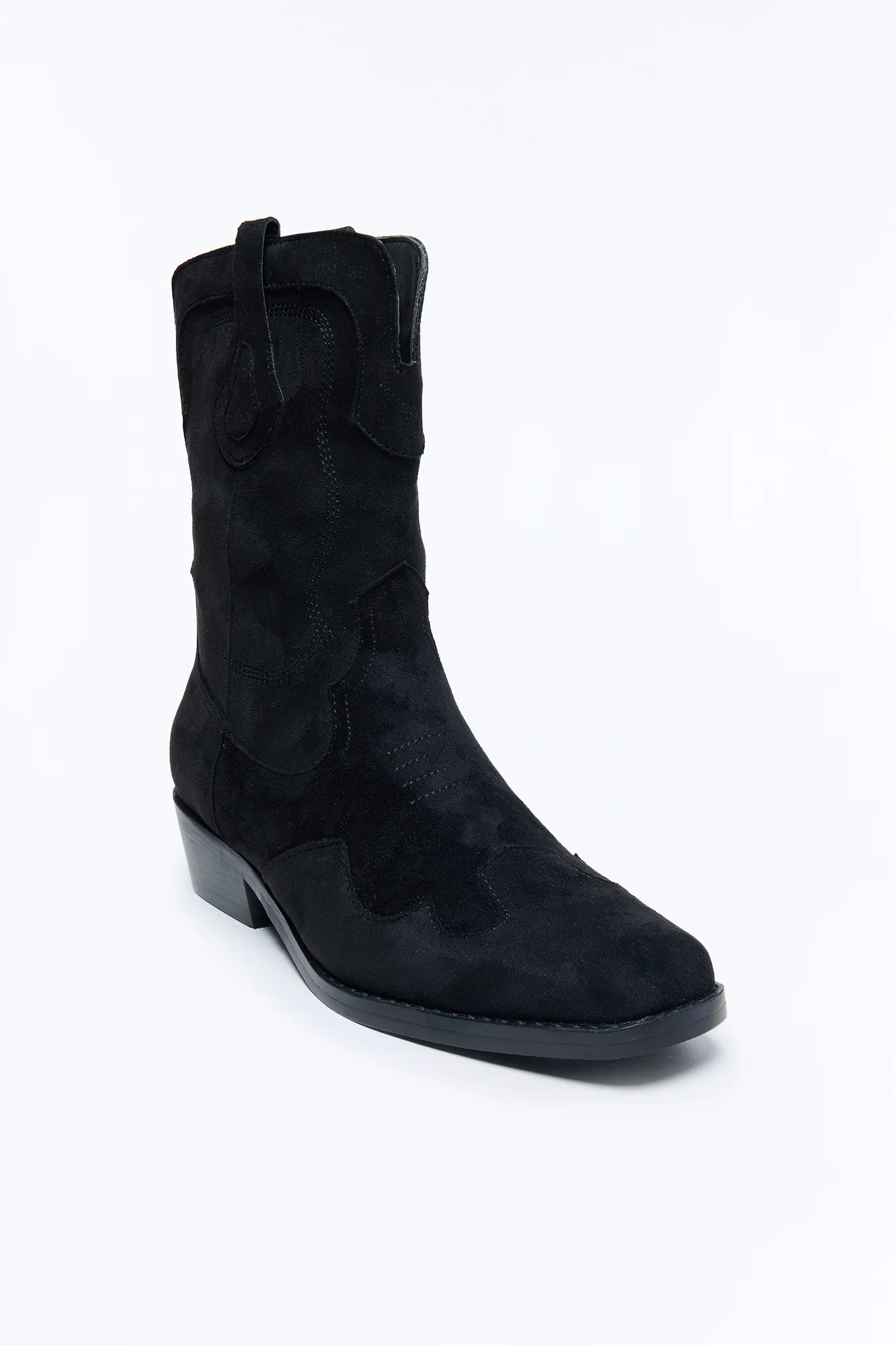 Western Faux Suede Pull On Cowboy Boots - Black - Image 3