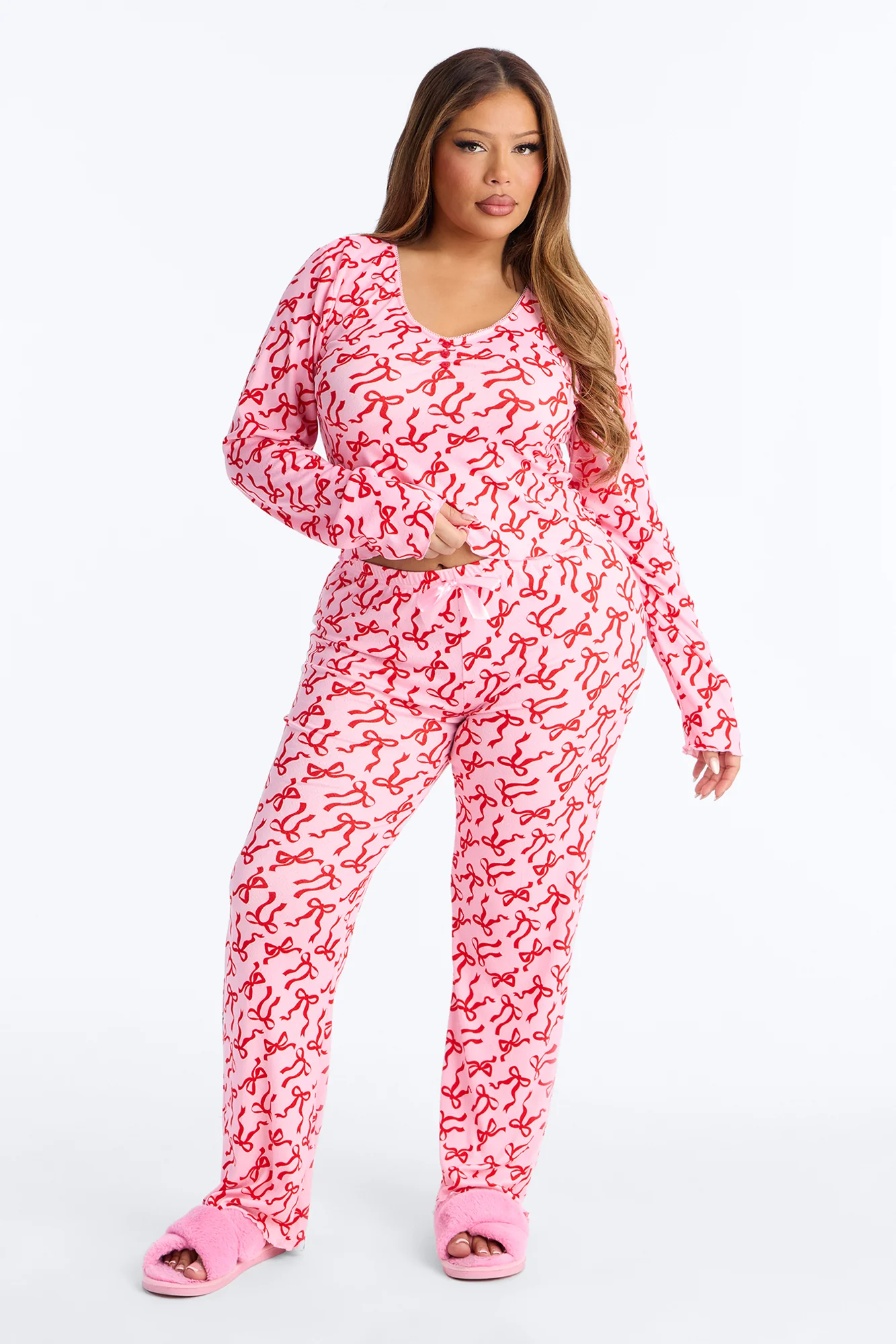 What A Cutie Pointelle Long Sleeve PJ Pant Set - Pink/combo