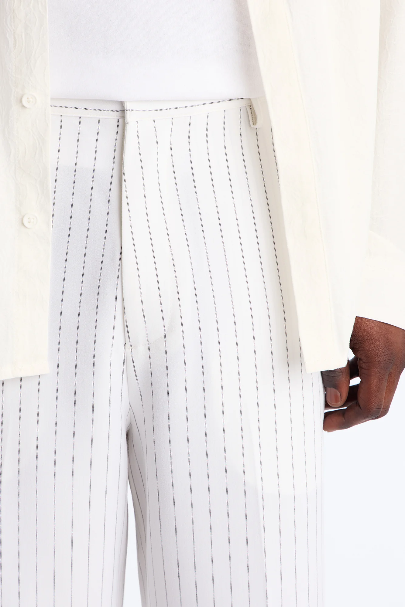 Wide Leg Straight Striped Trouser - Cream - Image 3