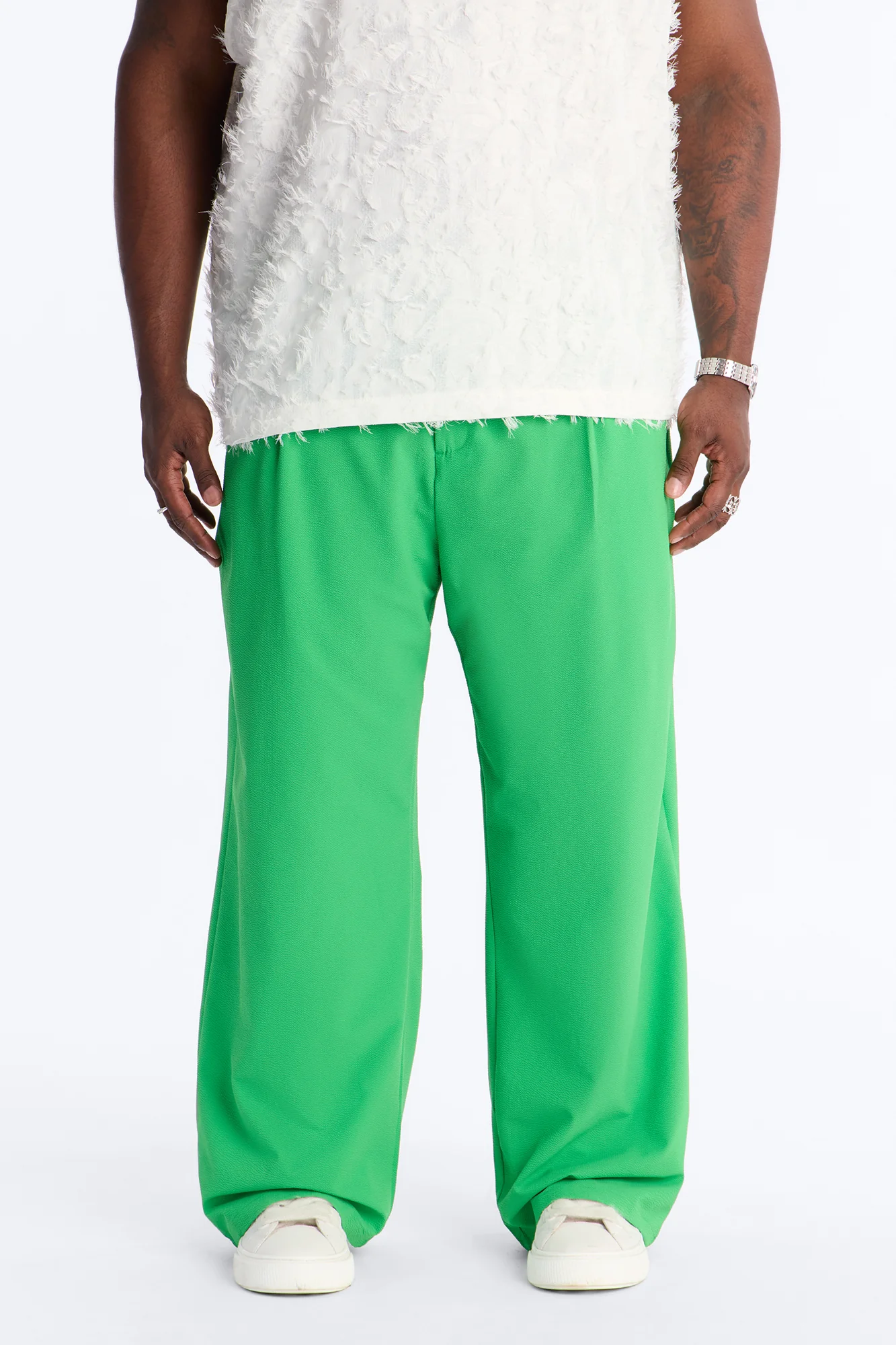 Wide Leg Textured Seersucker Trouser - Green - Image 5