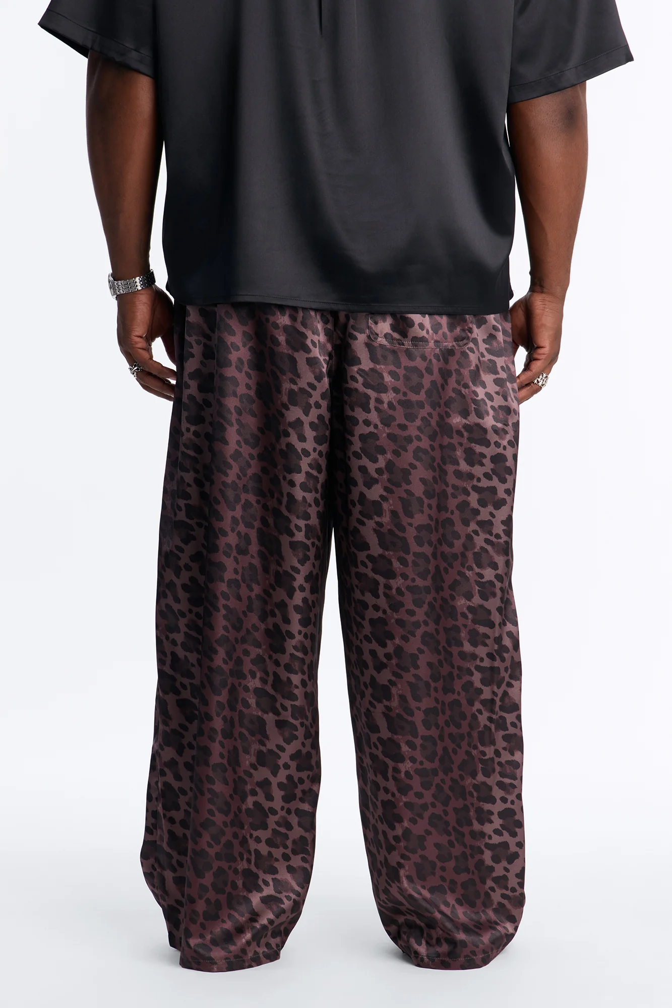 Wide Leg Urban Leopard Satin Pant - Brown - Image 4