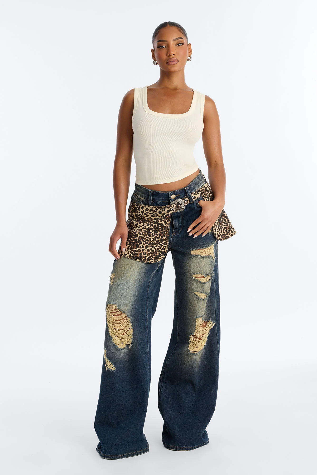 Wild Girl Belted Overlay Ripped Jeans - Dark Wash - Image 2