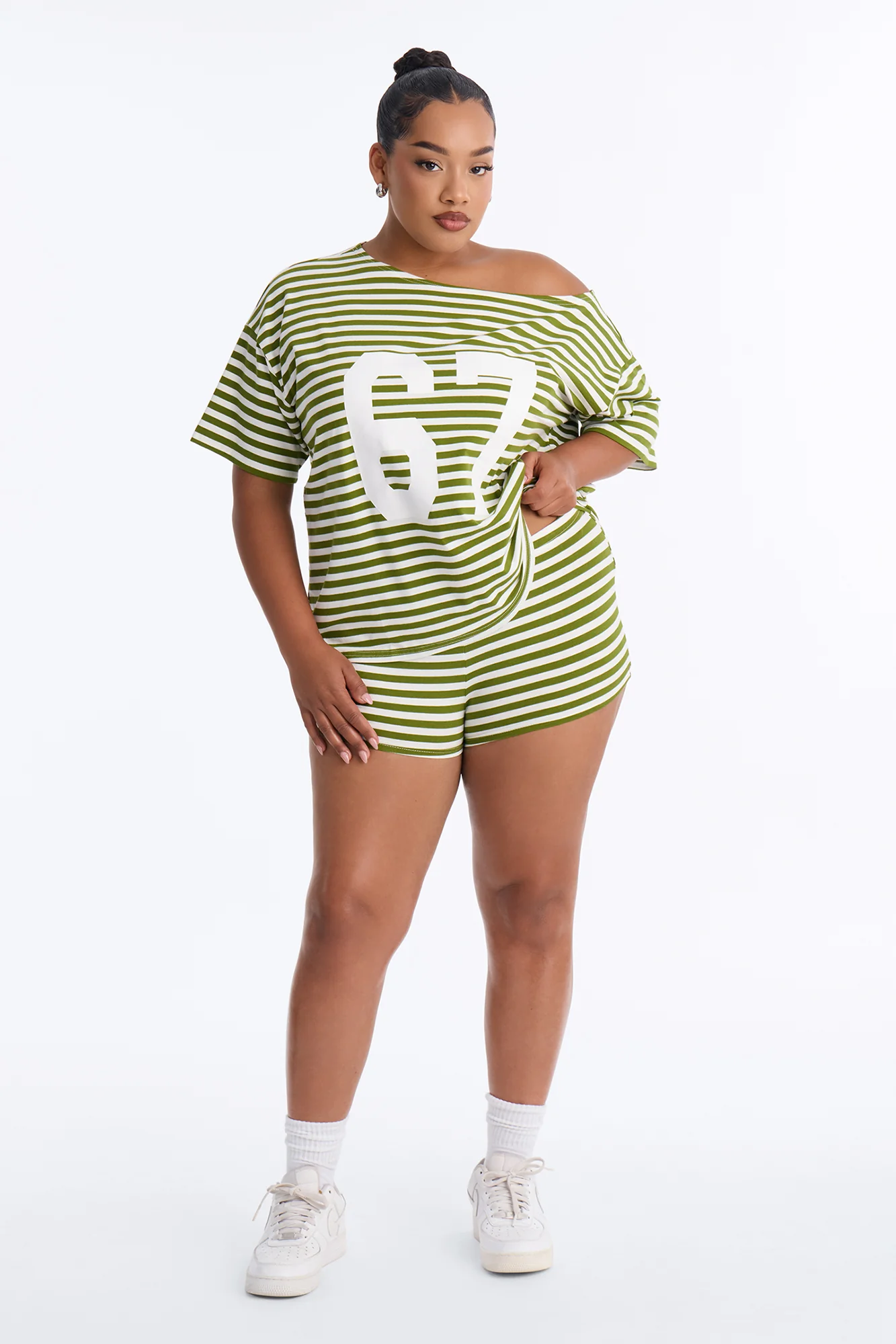 Winning Streak Off Shoulder Striped Short Set - Green/combo - Image 5