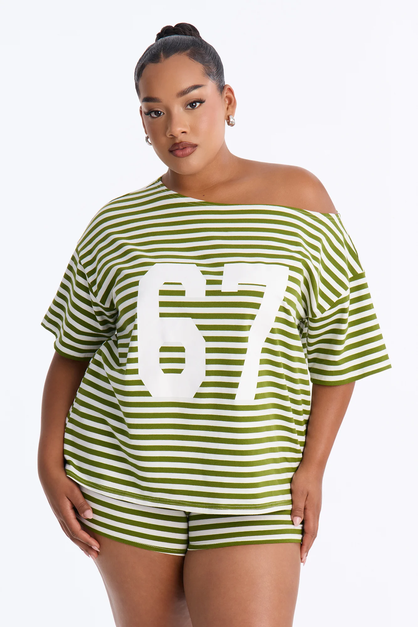 Winning Streak Off Shoulder Striped Short Set - Green/combo - Image 6