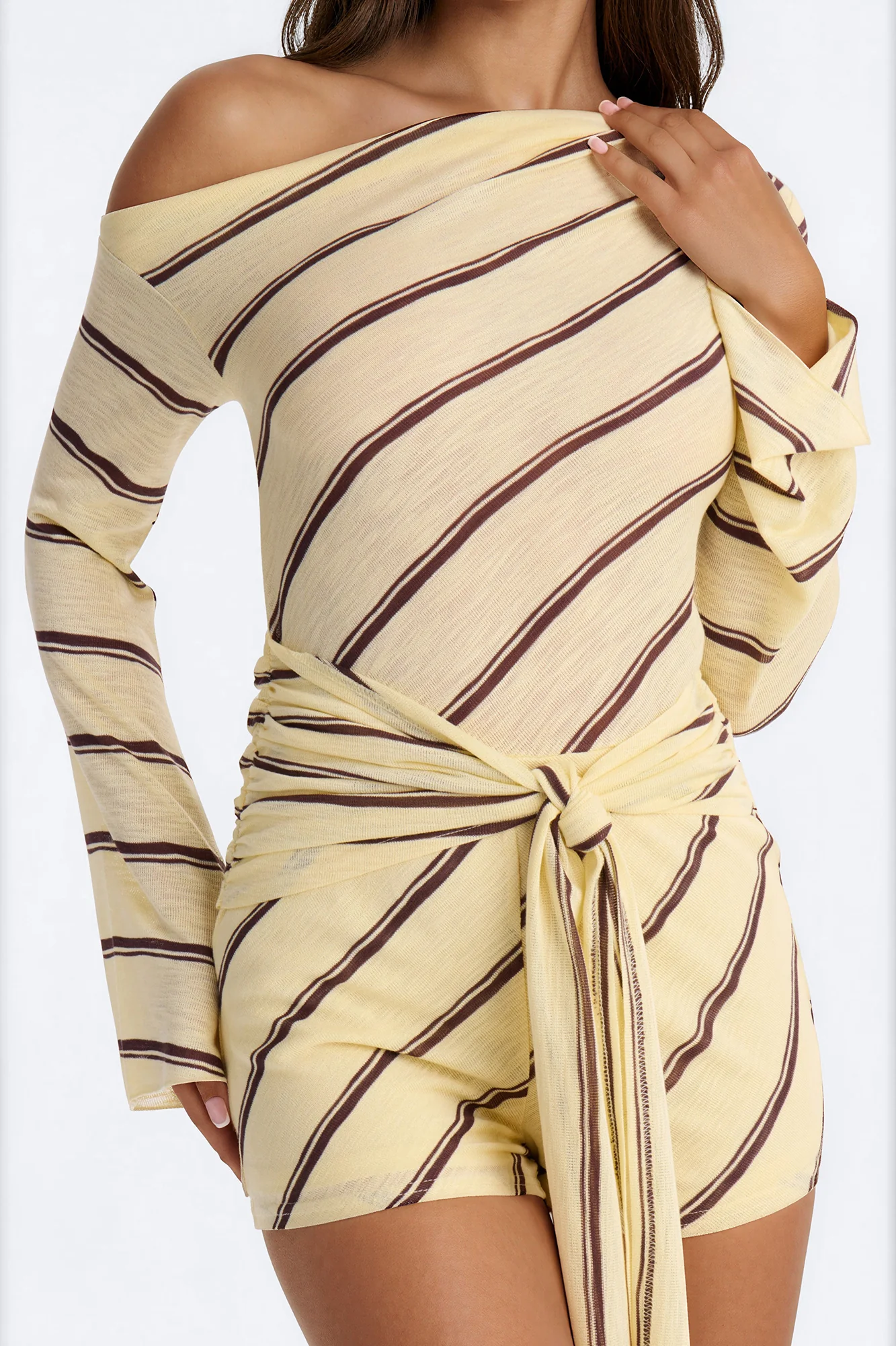 Wrapped in Lines One Shoulder Tie Waist Romper - Butter Yellow - Image 3