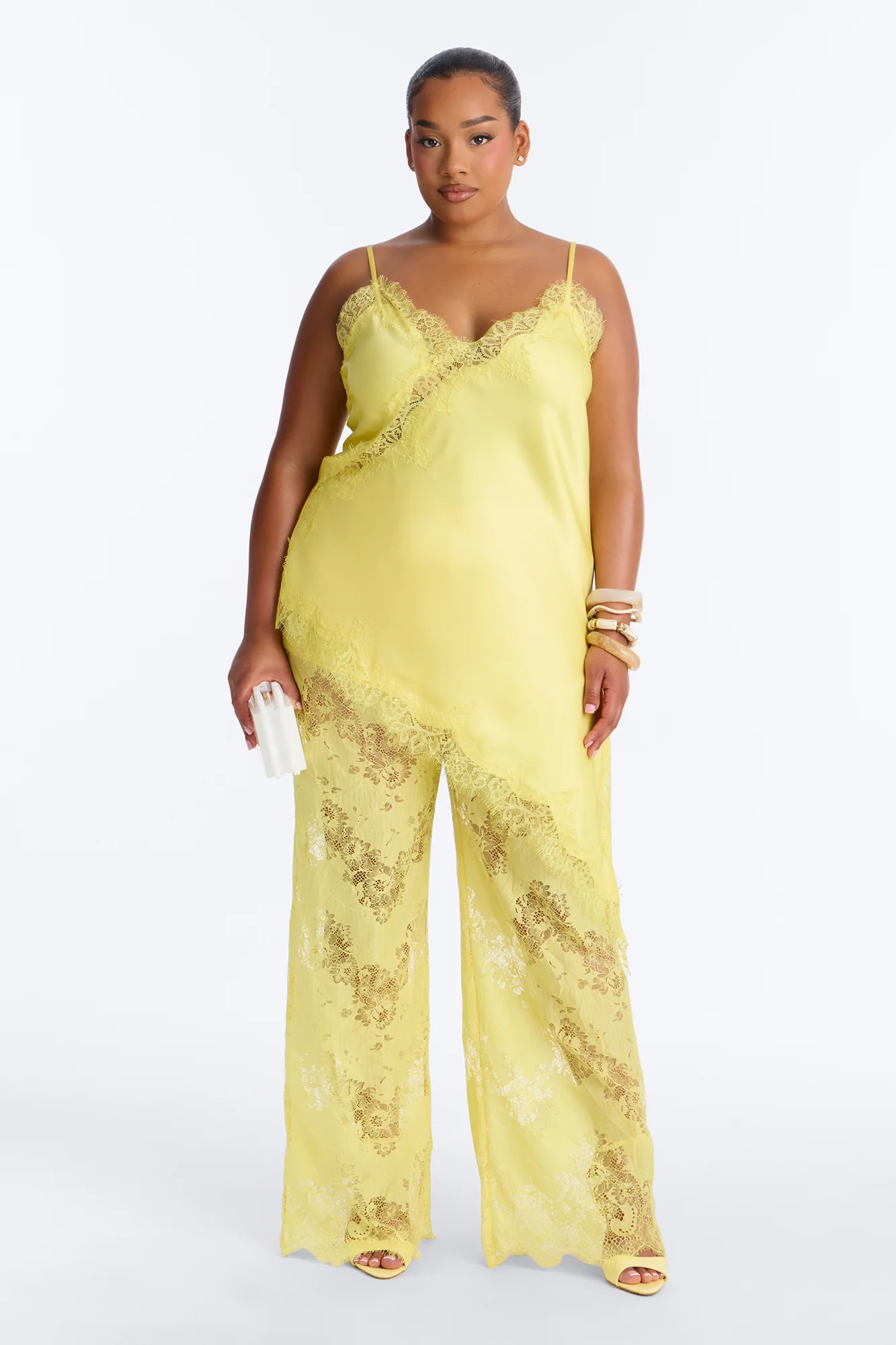 Yasmin Satin Lace Pant Set - Yellow - Image 5