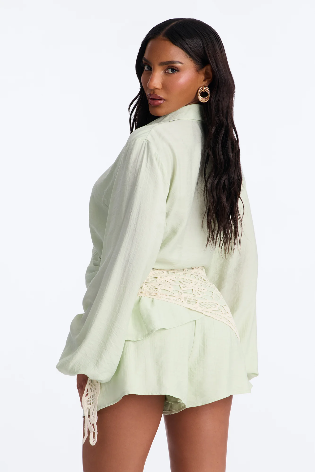 Yolanda 3 Piece Crochet Wrap Short Set - Sage - Image 4
