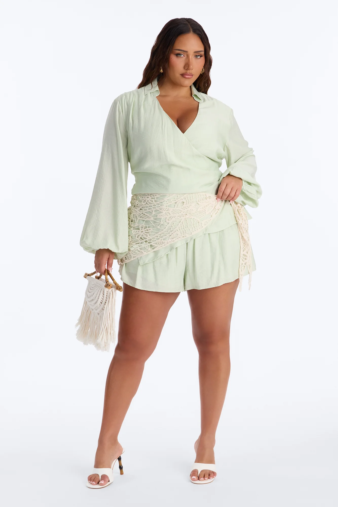 Yolanda 3 Piece Crochet Wrap Short Set - Sage - Image 5