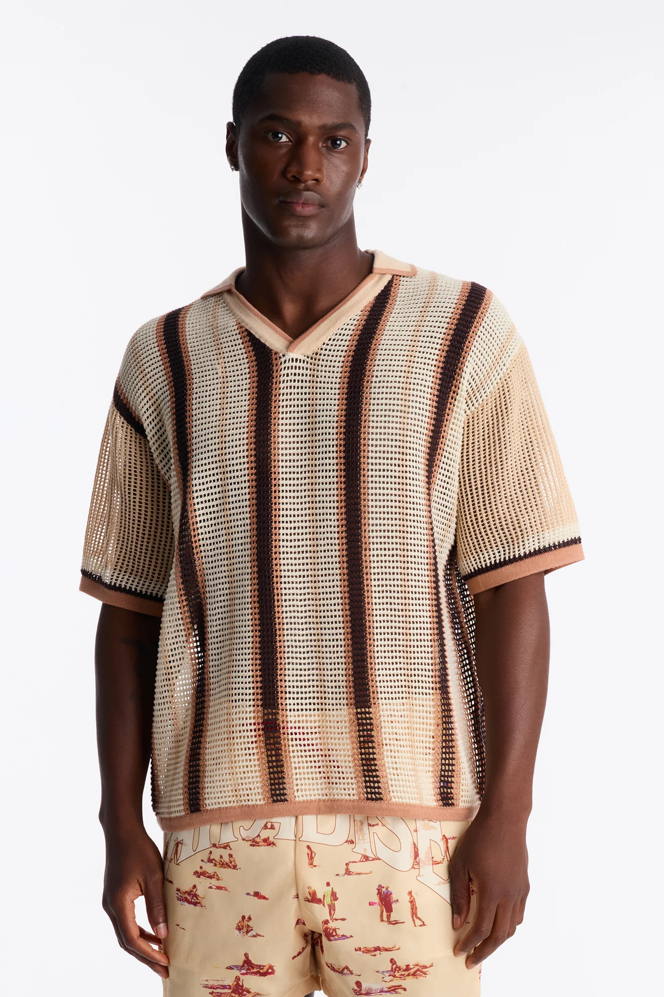Your Classic Johnny Collar Stripe Polo - Brown/combo