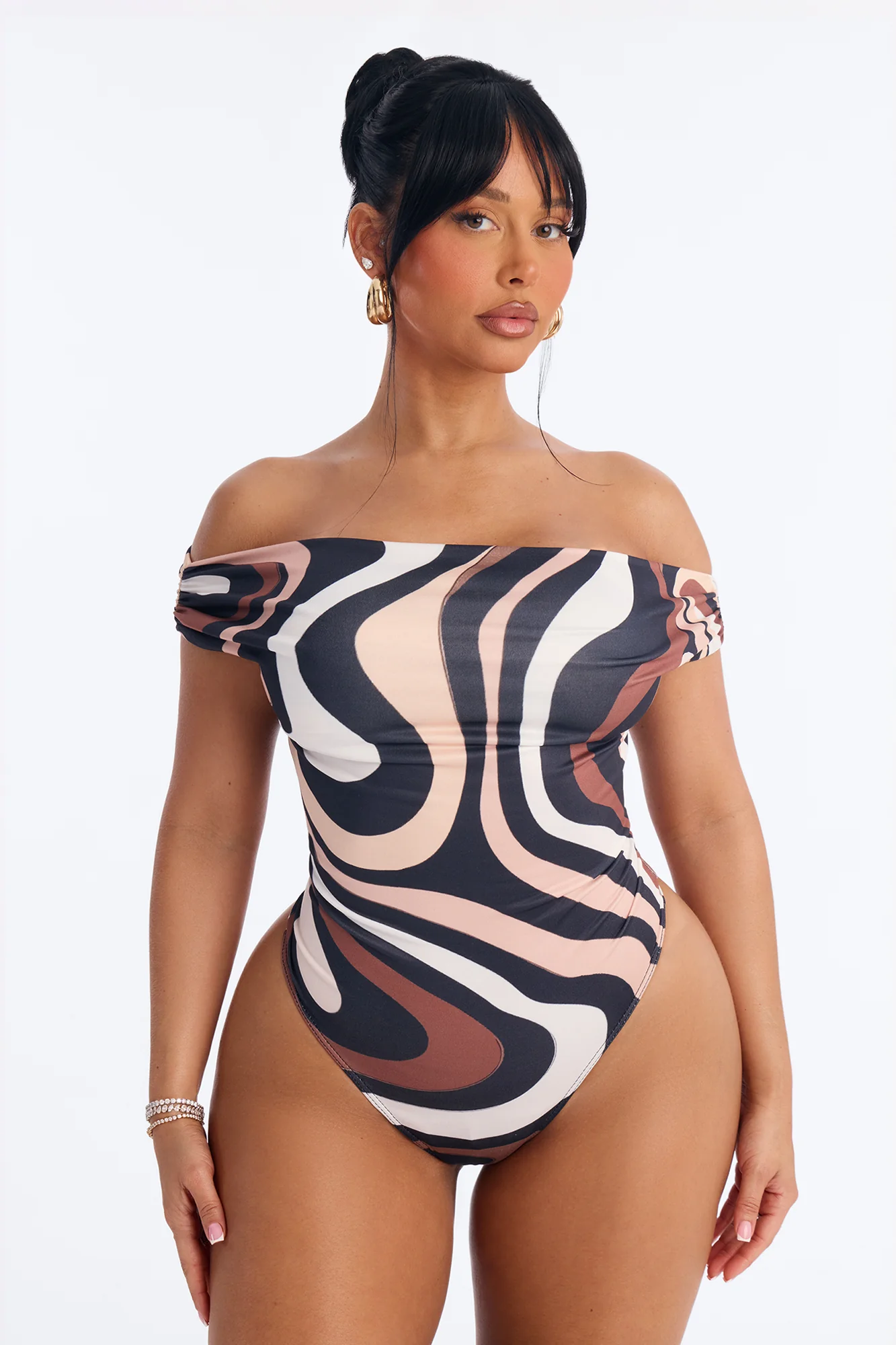 Your Illusion Abstract Off Shoulder Bodysuit - Black/combo