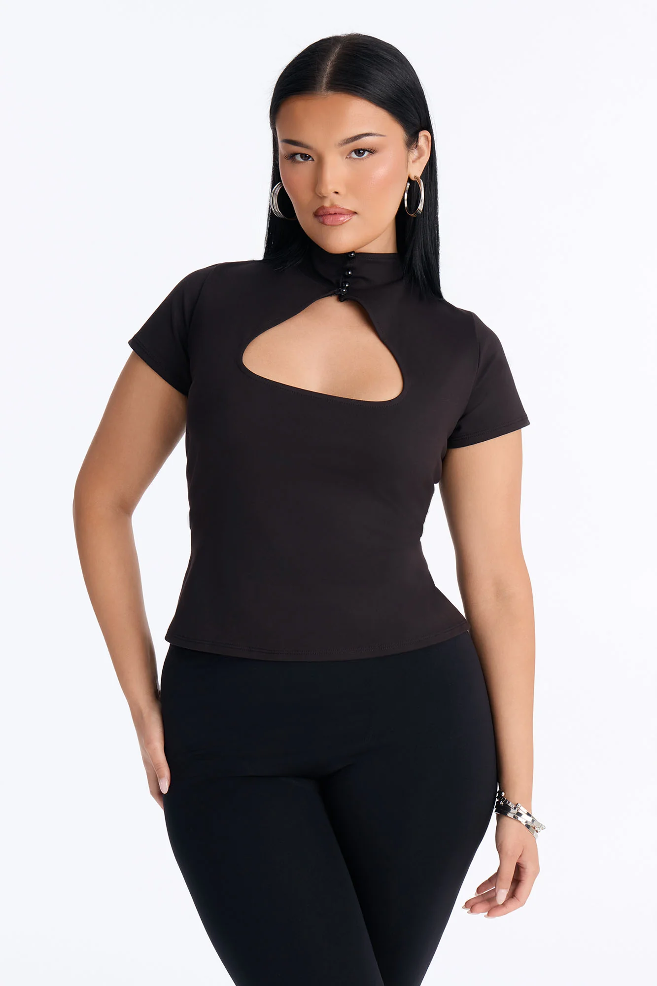 Your Muse Cut Out Mock Neck Short Sleeve Top - Black - Image 5