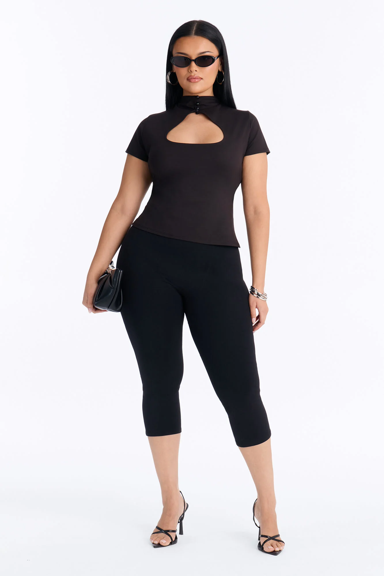 Your Muse Cut Out Mock Neck Short Sleeve Top - Black - Image 6
