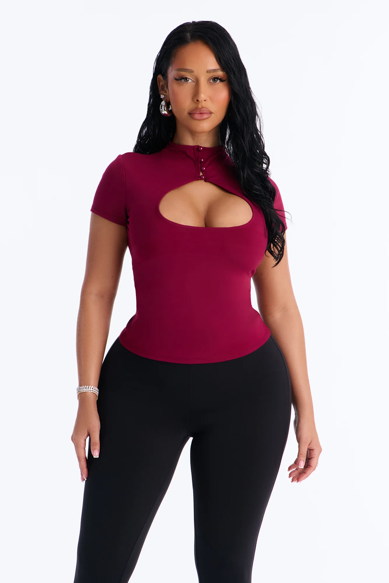 Your Muse Cut Out Mock Neck Short Sleeve Top - Wine