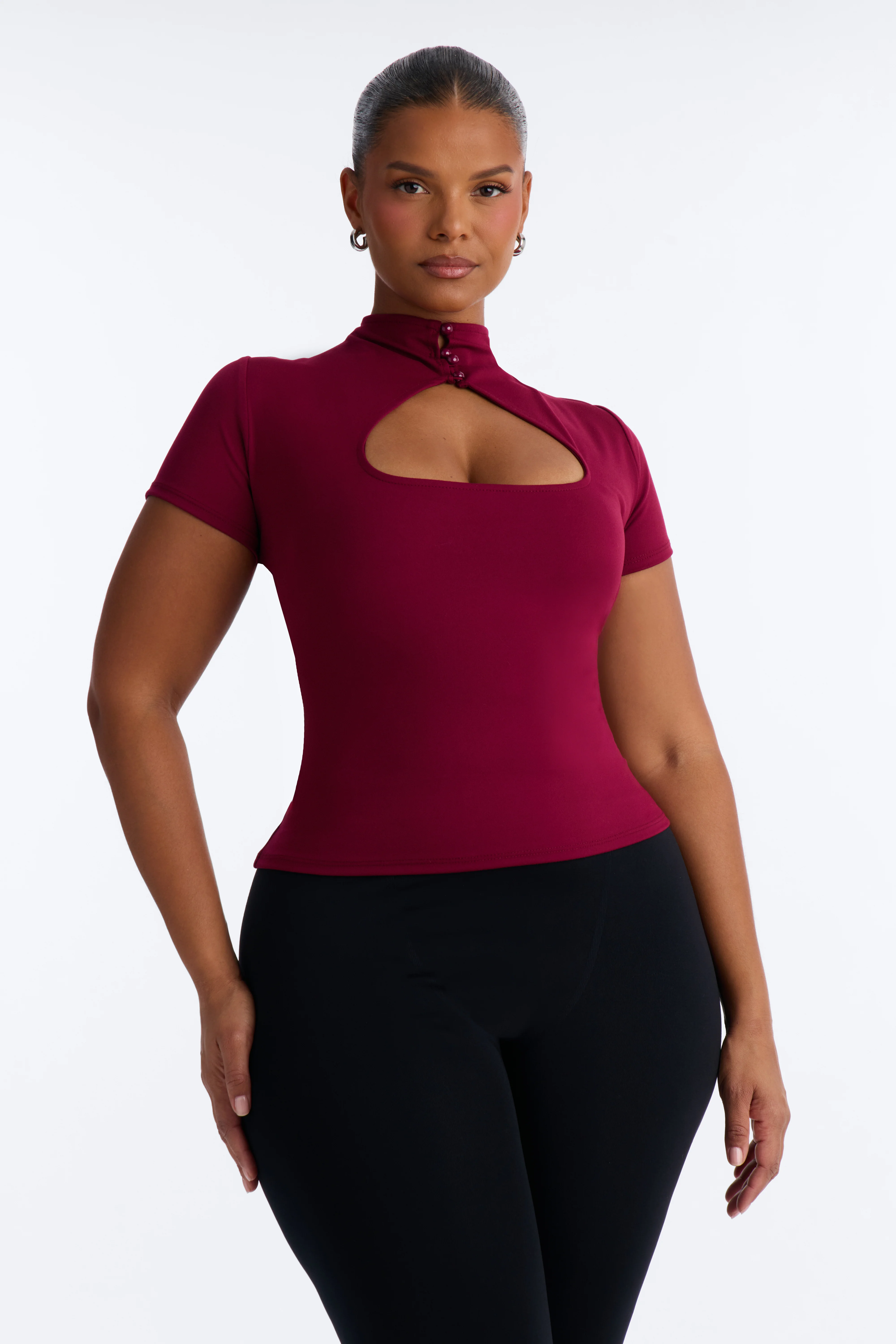 Your Muse Cut Out Mock Neck Short Sleeve Top - Wine - Image 5