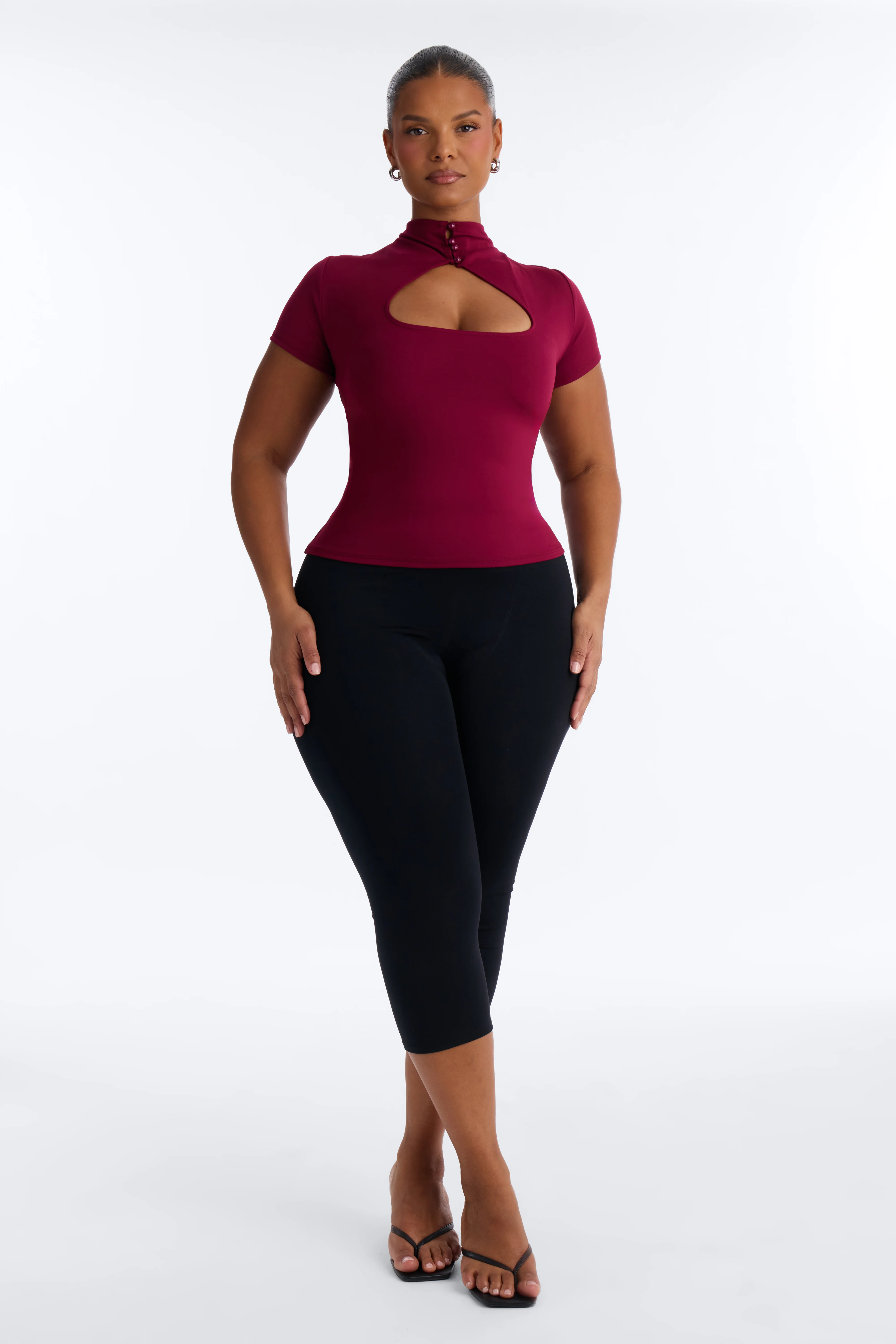 Your Muse Cut Out Mock Neck Short Sleeve Top - Wine - Image 6