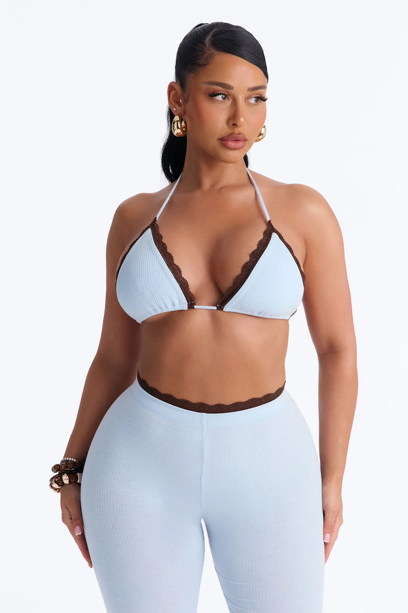 Your's Truly Laced Ribbed Capri Set - Light Blue - Image 2