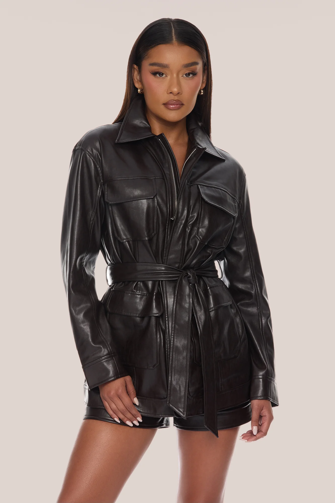 Zaya Belted Faux Leather Jacket - Chocolate - Image 3